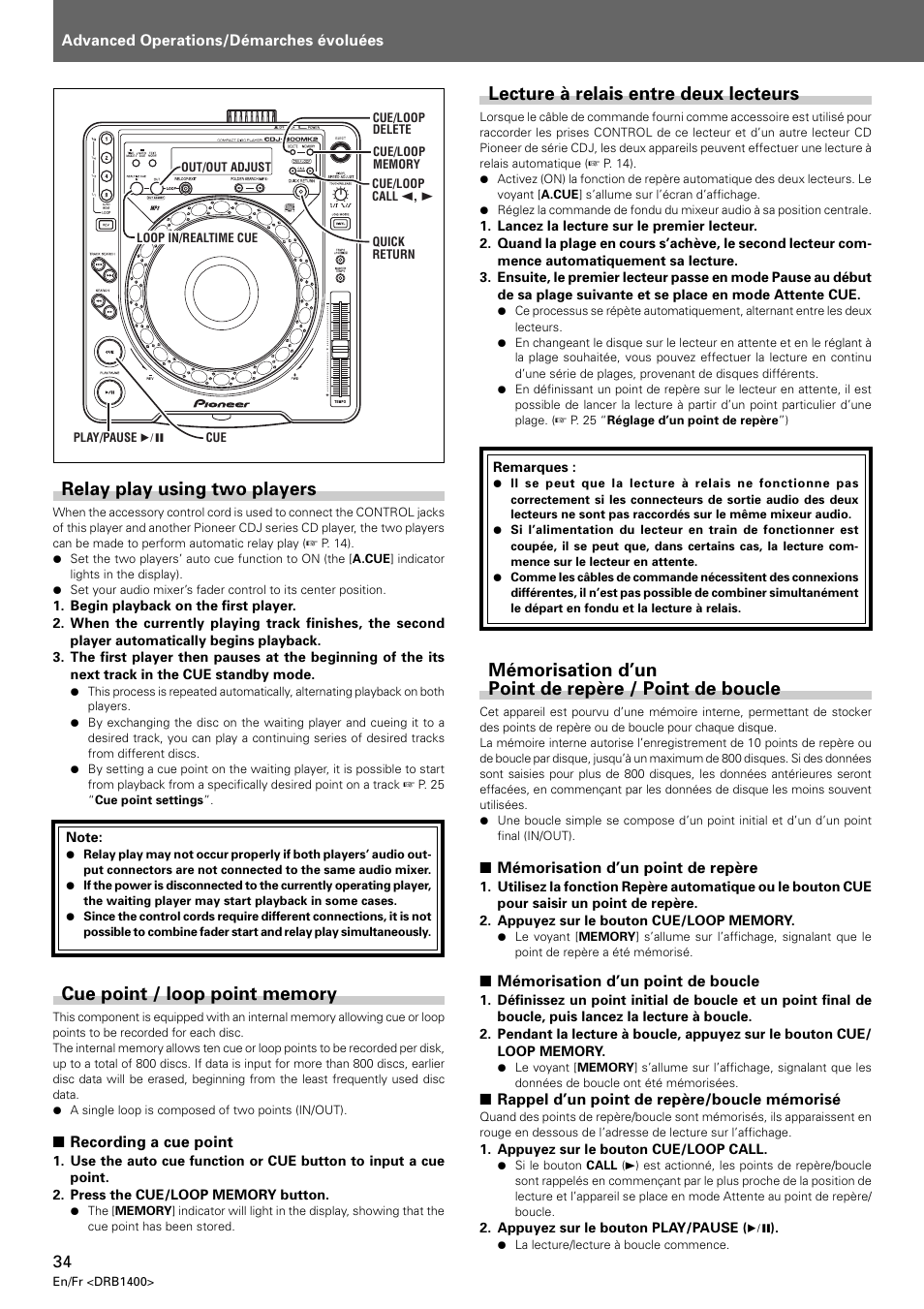 Lecture à relais entre deux lecteurs, Relay play using two players | Pioneer CDJ-800 MK2 User Manual | Page 34 / 116