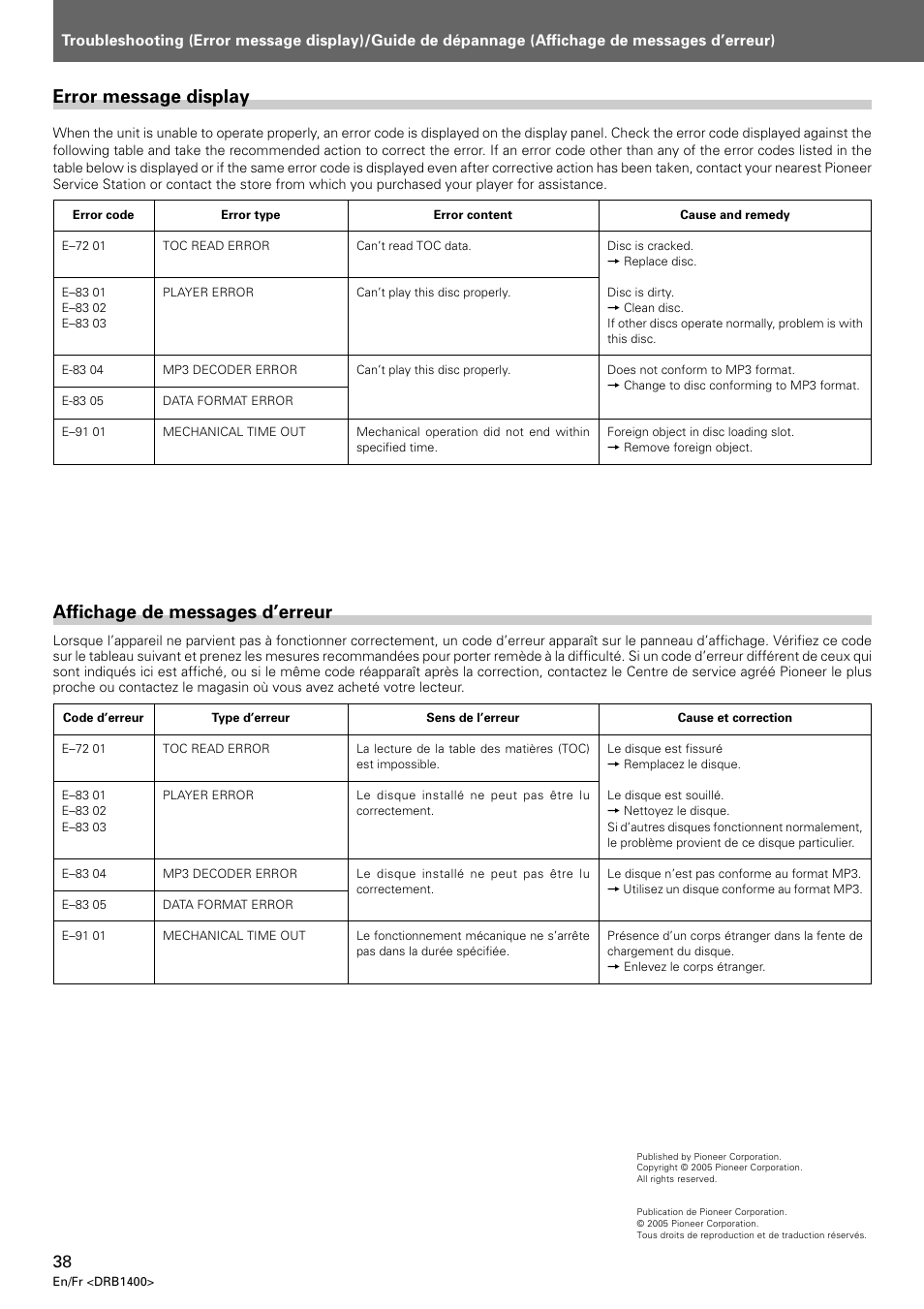 Affichage de messages d’erreur, Error message display | Pioneer CDJ-800 MK2 User Manual | Page 38 / 116