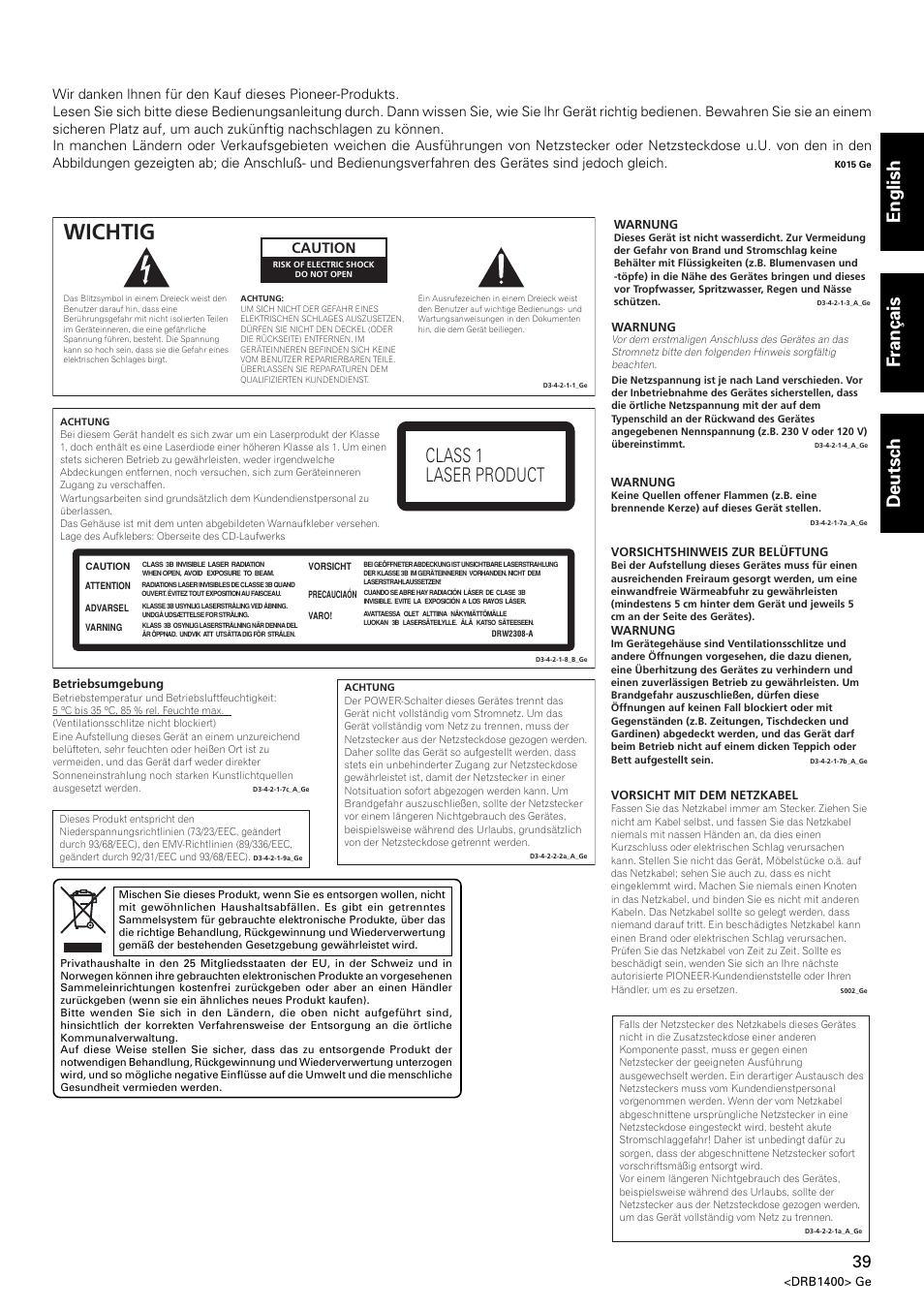 Wichtig, Class 1 laser product, Deutsch english français | Caution | Pioneer CDJ-800 MK2 User Manual | Page 39 / 116