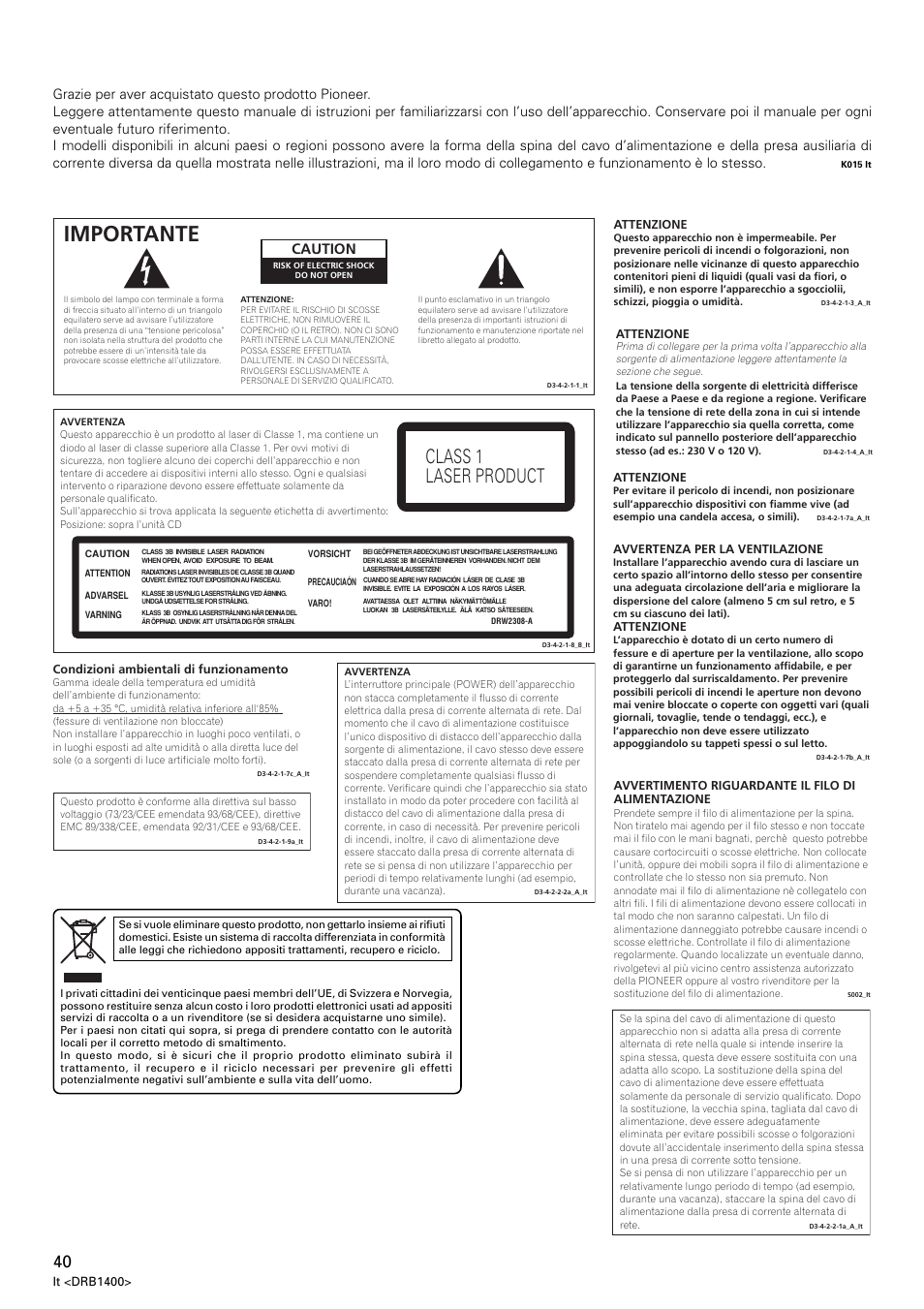 Importante, Class 1 laser product, Caution | Pioneer CDJ-800 MK2 User Manual | Page 40 / 116