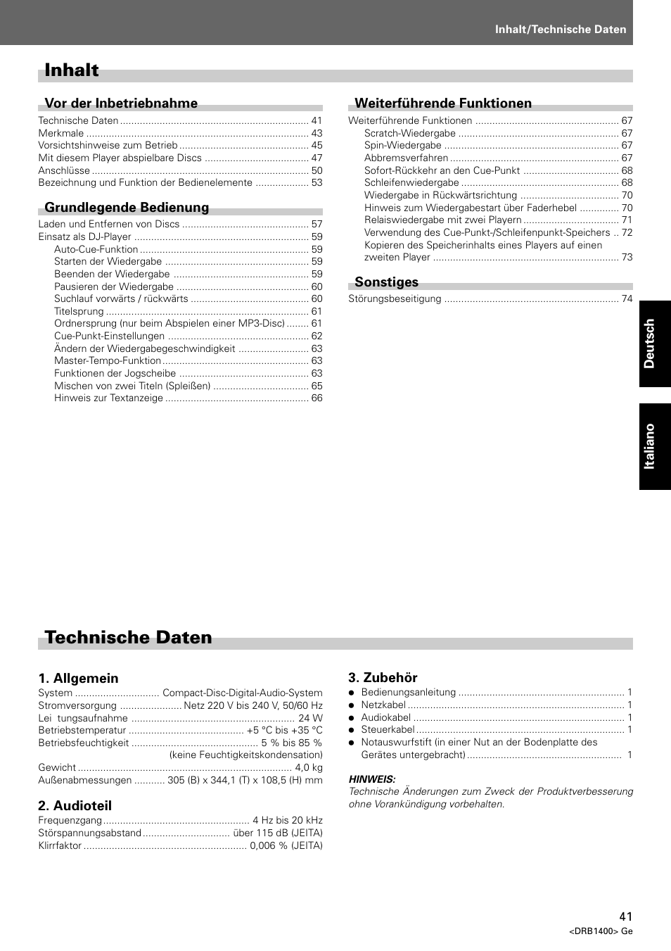 Bedienungsanleitung, Technische daten, Inhalt | Pioneer CDJ-800 MK2 User Manual | Page 41 / 116
