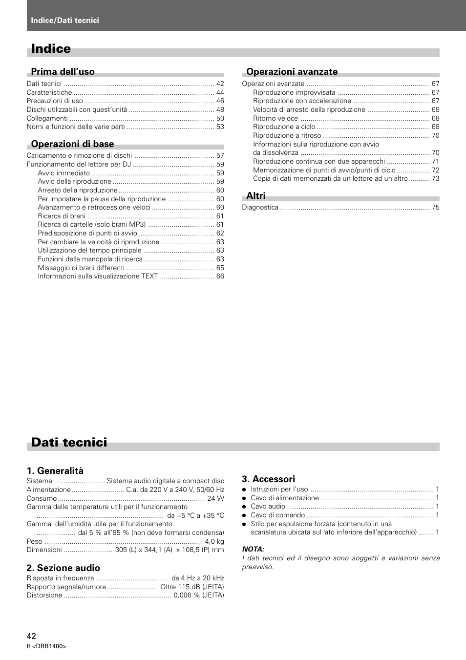 Istruzioni per l’uso, Dati tecnici, Indice | Pioneer CDJ-800 MK2 User Manual | Page 42 / 116