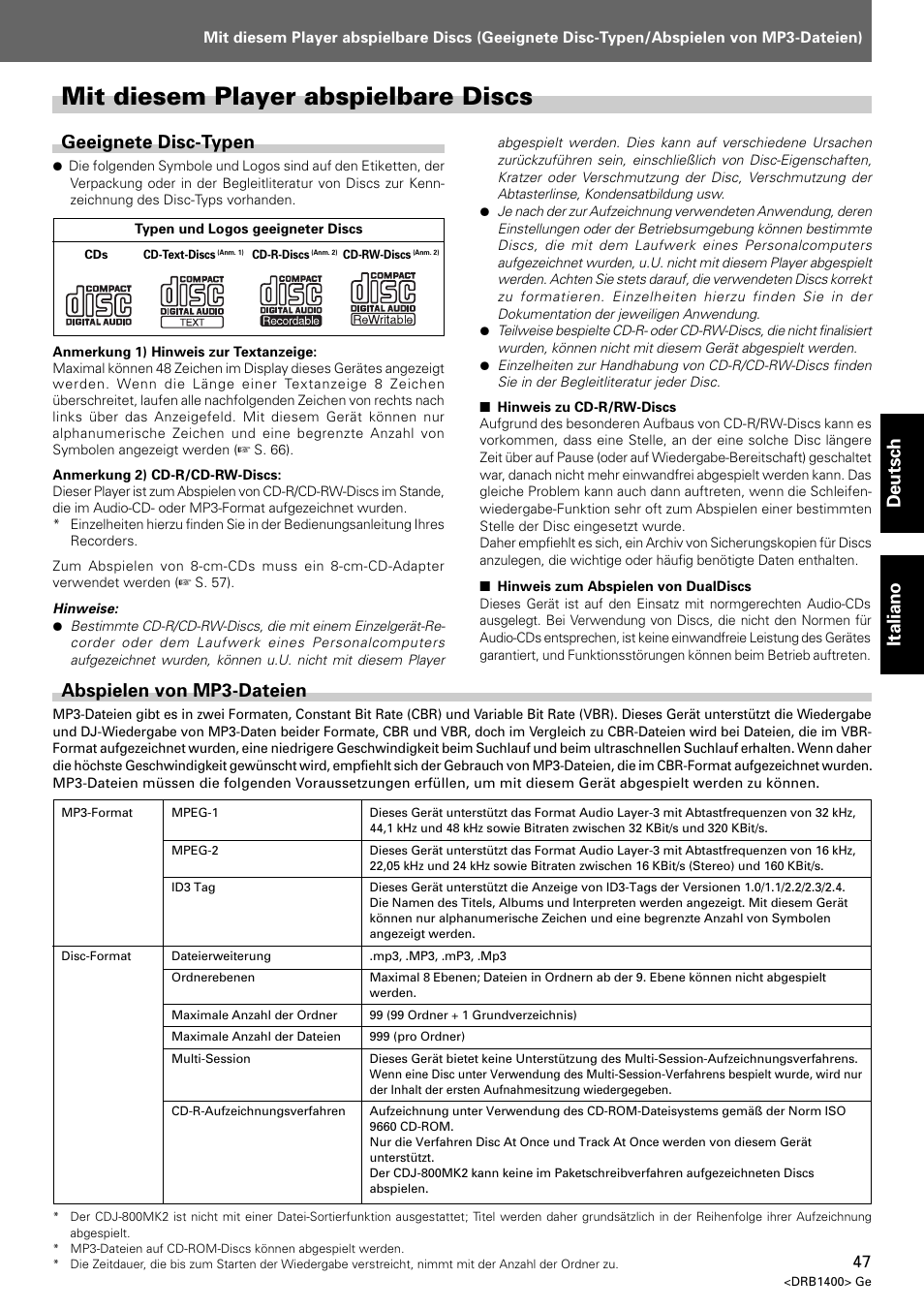 Mit diesem player abspielbare discs, Deutsch italiano, Geeignete disc-typen | Abspielen von mp3-dateien | Pioneer CDJ-800 MK2 User Manual | Page 47 / 116