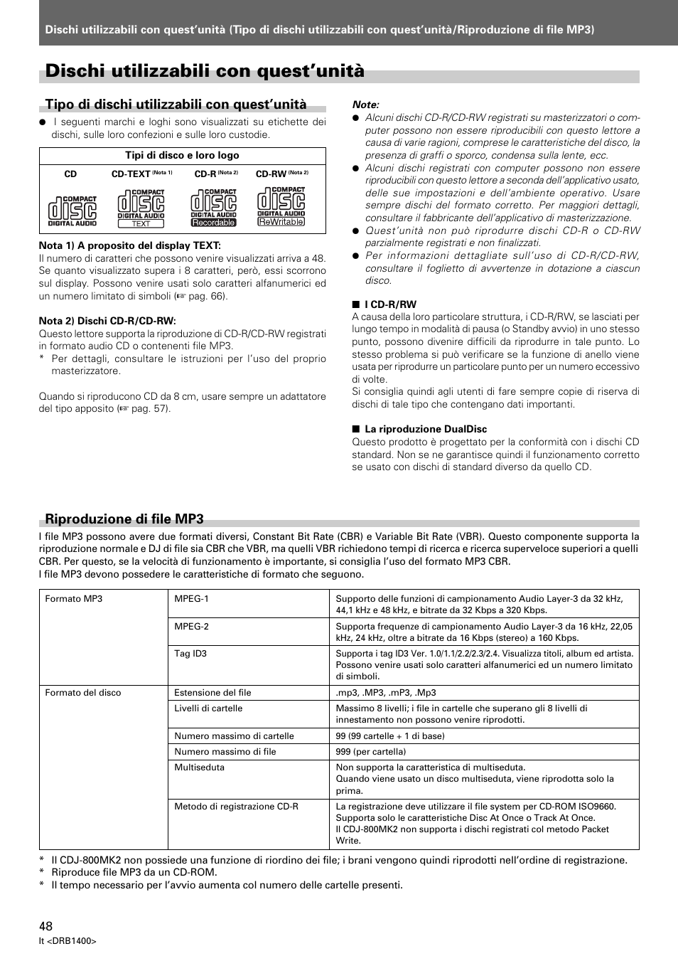 Dischi utilizzabili con quest’unità, Tipo di dischi utilizzabili con quest’unità, Riproduzione di file mp3 | Pioneer CDJ-800 MK2 User Manual | Page 48 / 116