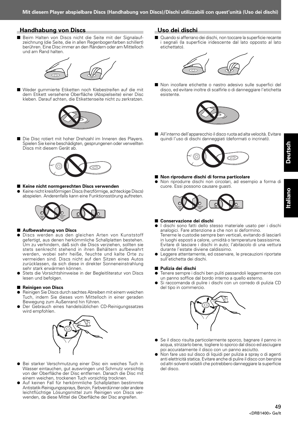 Deutsch italiano, Handhabung von discs, Uso dei dischi | Pioneer CDJ-800 MK2 User Manual | Page 49 / 116
