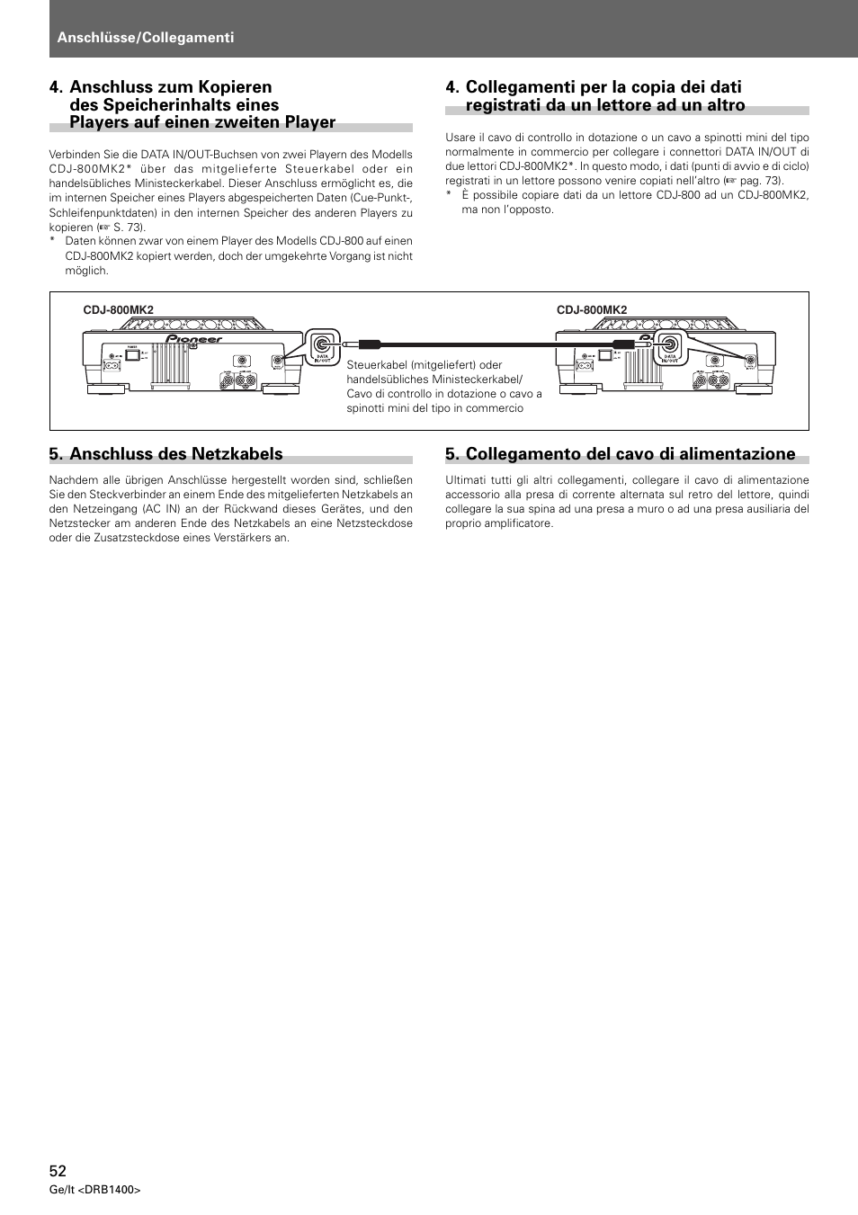 Anschluss des netzkabels, Collegamento del cavo di alimentazione | Pioneer CDJ-800 MK2 User Manual | Page 52 / 116