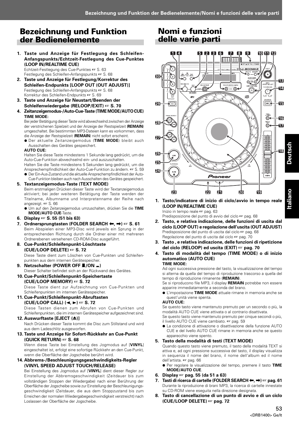 Bezeichnung und funktion der bedienelemente, Nomi e funzioni delle varie parti, Deutsch italiano | Pioneer CDJ-800 MK2 User Manual | Page 53 / 116