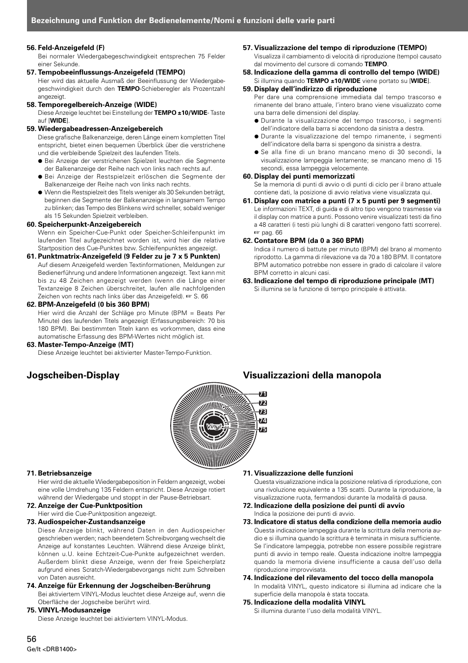 Jogscheiben-display, Visualizzazioni della manopola | Pioneer CDJ-800 MK2 User Manual | Page 56 / 116