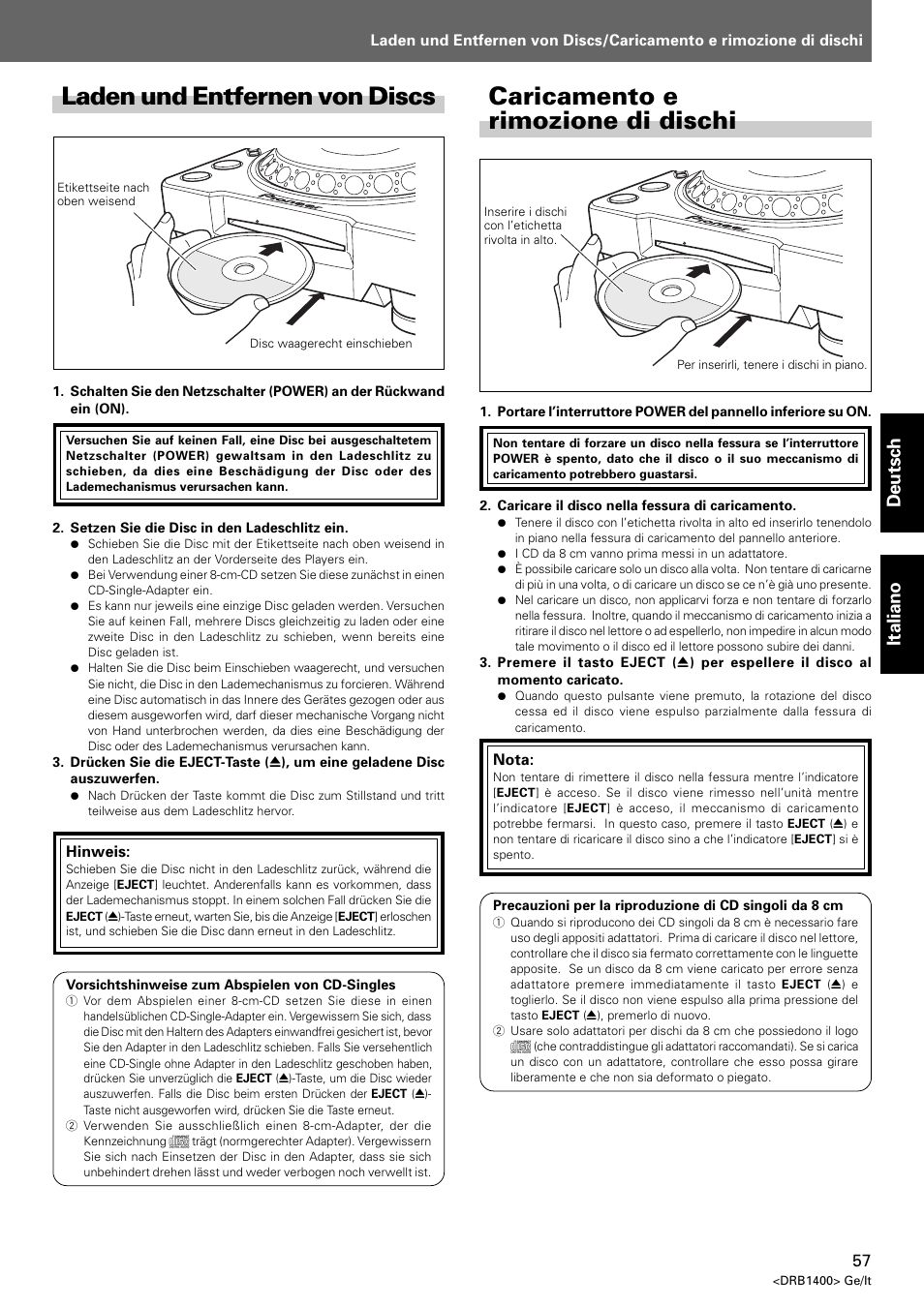 Laden und entfernen von discs, Caricamento e rimozione di dischi, Deutsch italiano | Pioneer CDJ-800 MK2 User Manual | Page 57 / 116