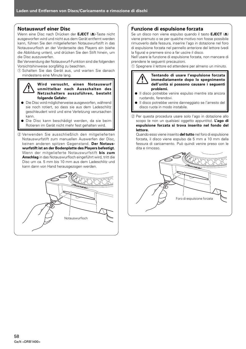 Notauswurf einer disc, Funzione di espulsione forzata | Pioneer CDJ-800 MK2 User Manual | Page 58 / 116