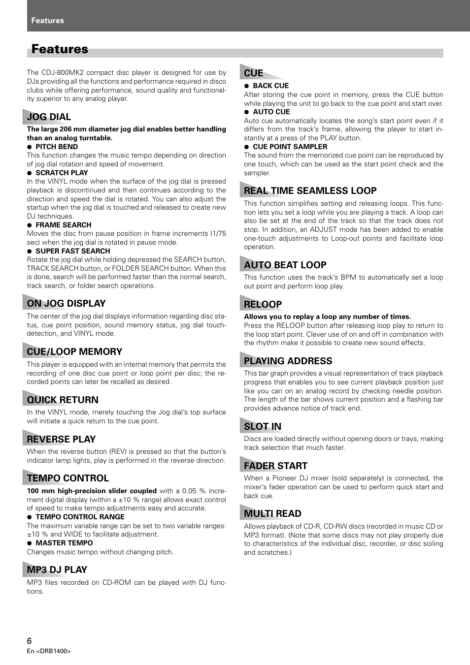 Features | Pioneer CDJ-800 MK2 User Manual | Page 6 / 116