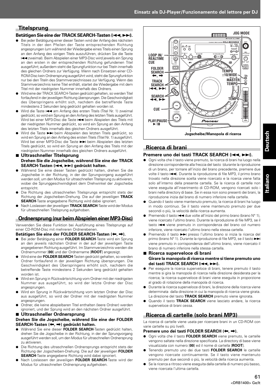 Deutsch italiano, Titelsprung, Ordnersprung (nur beim abspielen einer mp3-disc) | Ricerca di brani, Ricerca di cartelle (solo brani mp3) | Pioneer CDJ-800 MK2 User Manual | Page 61 / 116
