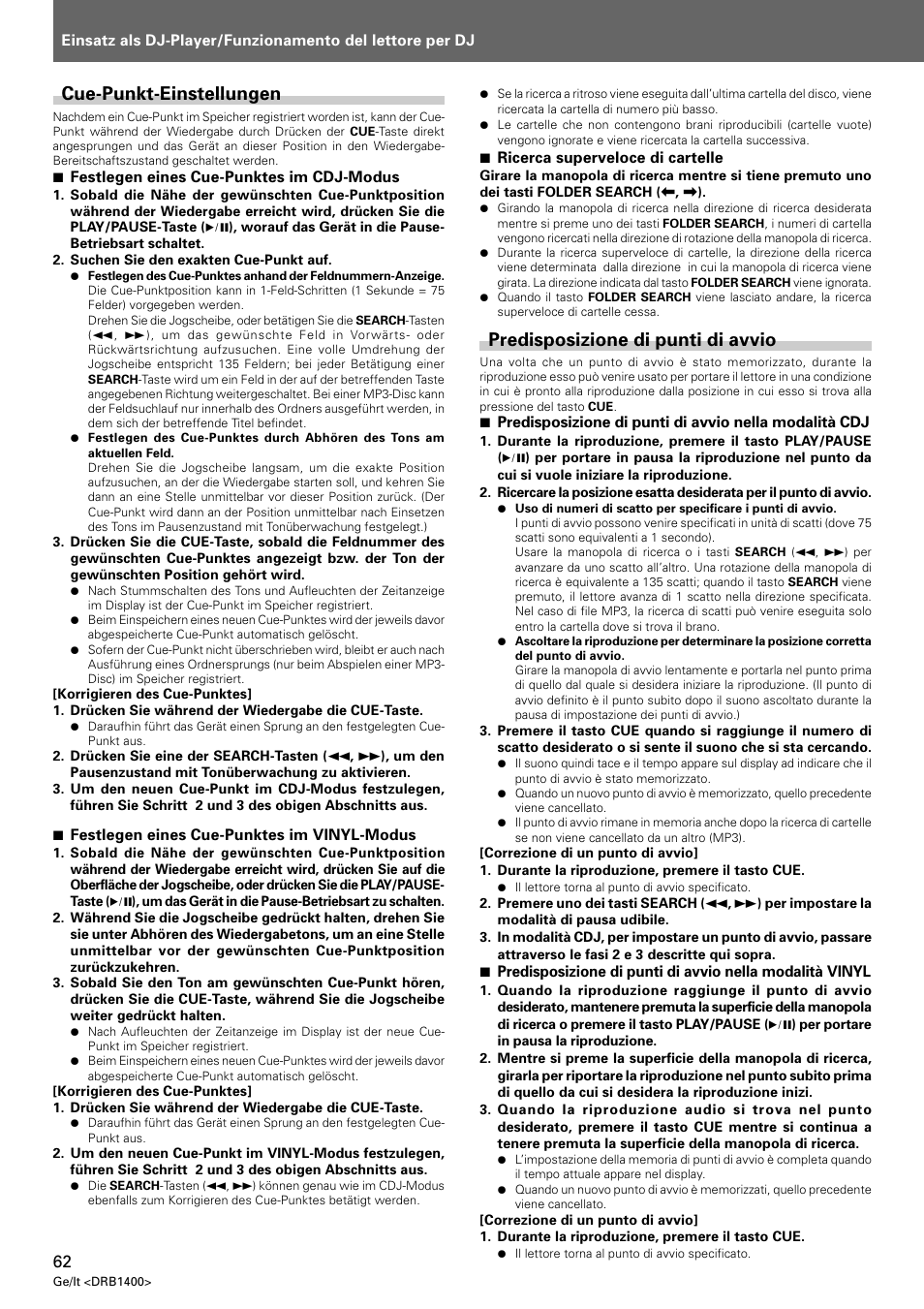 Cue-punkt-einstellungen, Predisposizione di punti di avvio | Pioneer CDJ-800 MK2 User Manual | Page 62 / 116