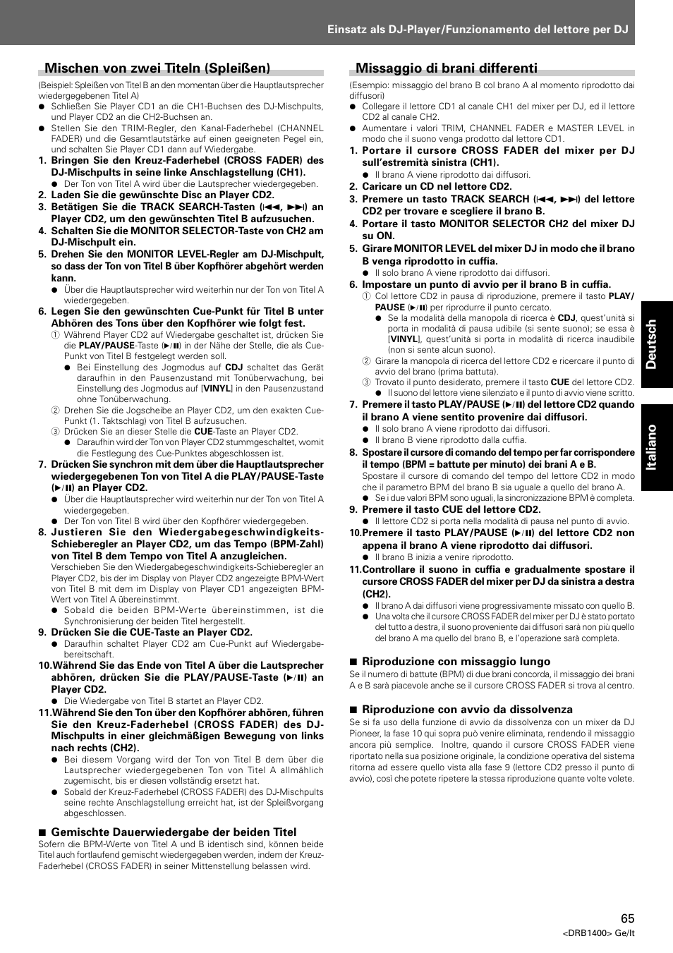 Mischen von zwei titeln (spleißen), Missaggio di brani differenti, Deutsch italiano | Pioneer CDJ-800 MK2 User Manual | Page 65 / 116