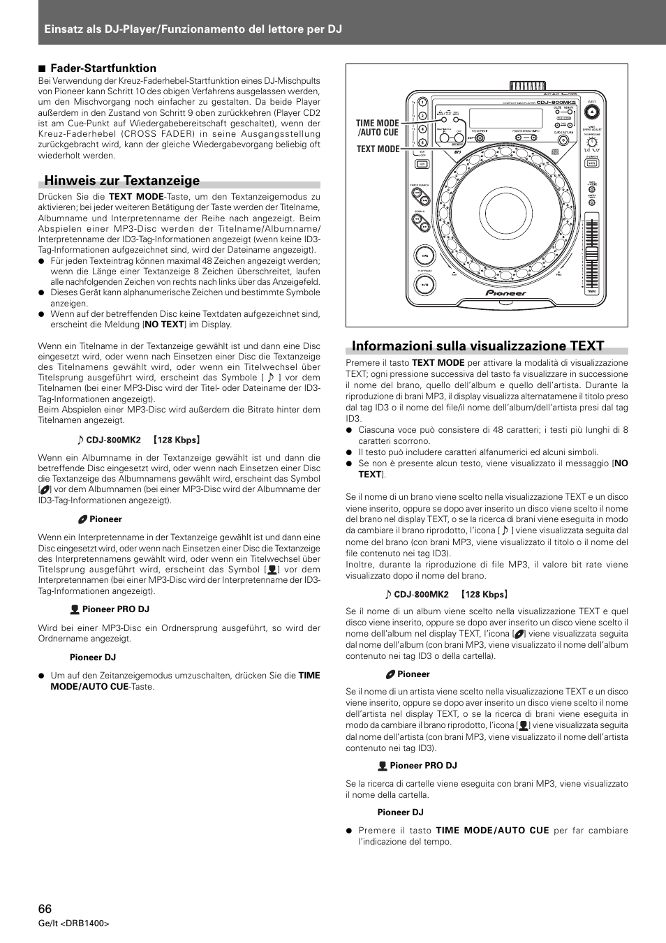 Hinweis zur textanzeige, Informazioni sulla visualizzazione text | Pioneer CDJ-800 MK2 User Manual | Page 66 / 116