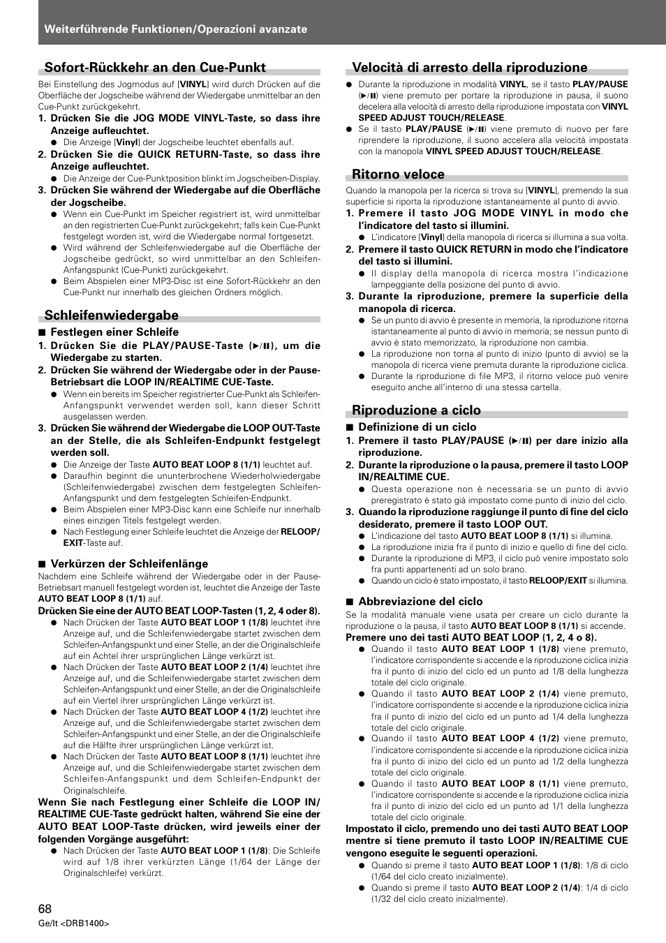 Sofort-rückkehr an den cue-punkt, Schleifenwiedergabe, Velocità di arresto della riproduzione | Ritorno veloce, Riproduzione a ciclo | Pioneer CDJ-800 MK2 User Manual | Page 68 / 116