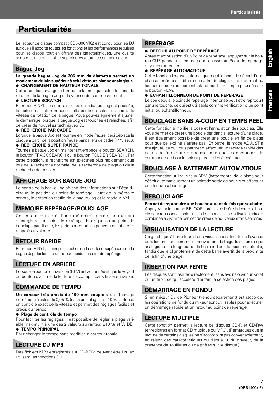 Particularités | Pioneer CDJ-800 MK2 User Manual | Page 7 / 116