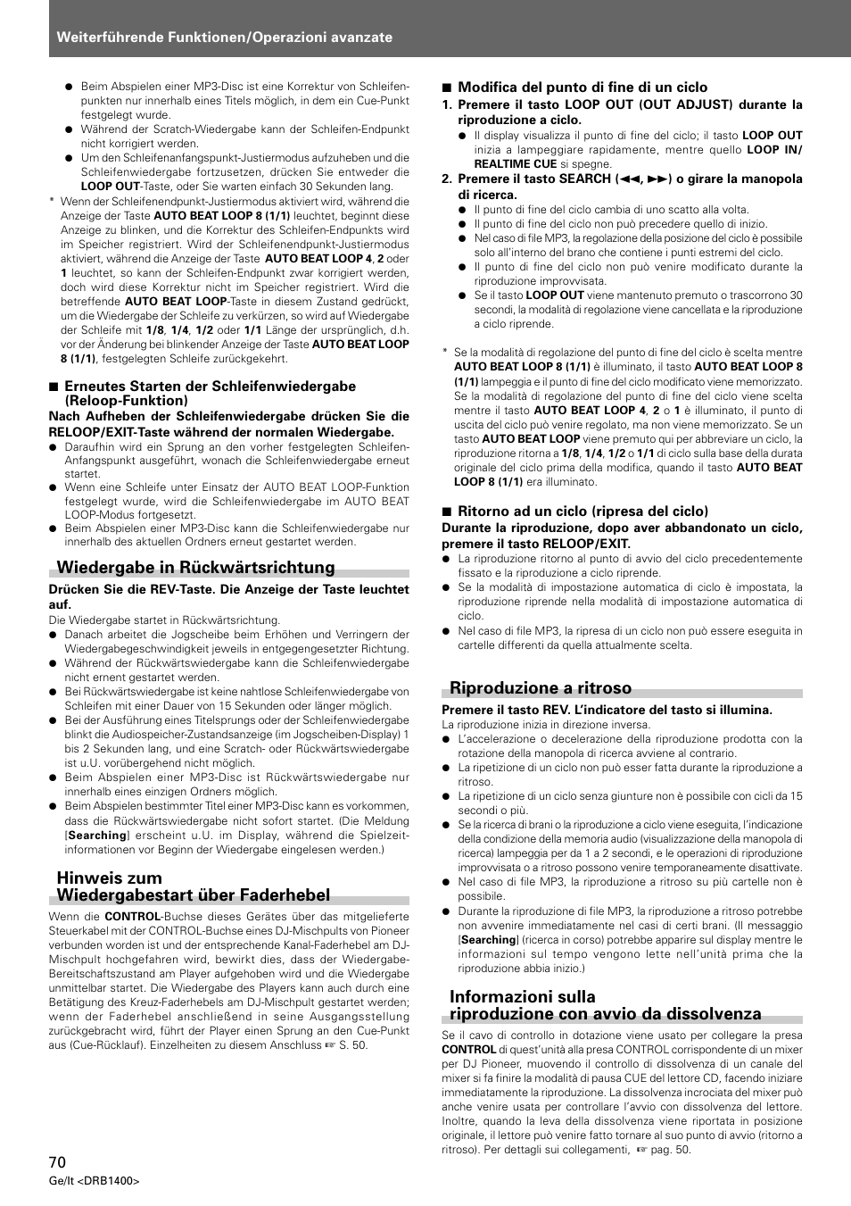 Riproduzione a ritroso, Wiedergabe in rückwärtsrichtung, Hinweis zum wiedergabestart über faderhebel | Pioneer CDJ-800 MK2 User Manual | Page 70 / 116
