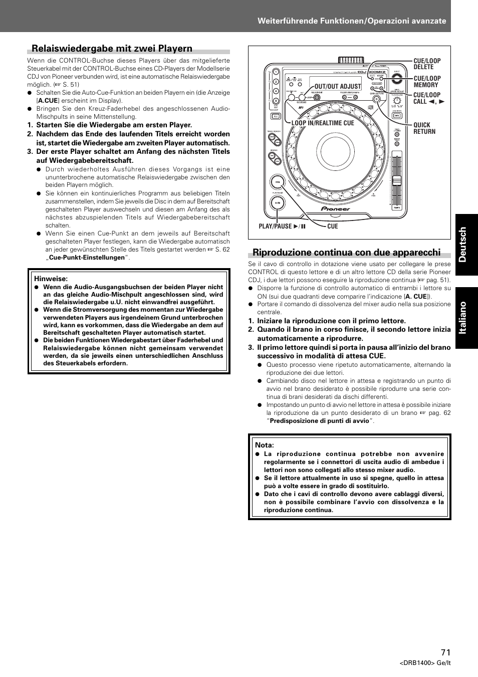 Relaiswiedergabe mit zwei playern, Riproduzione continua con due apparecchi, Deutsch italiano | Pioneer CDJ-800 MK2 User Manual | Page 71 / 116