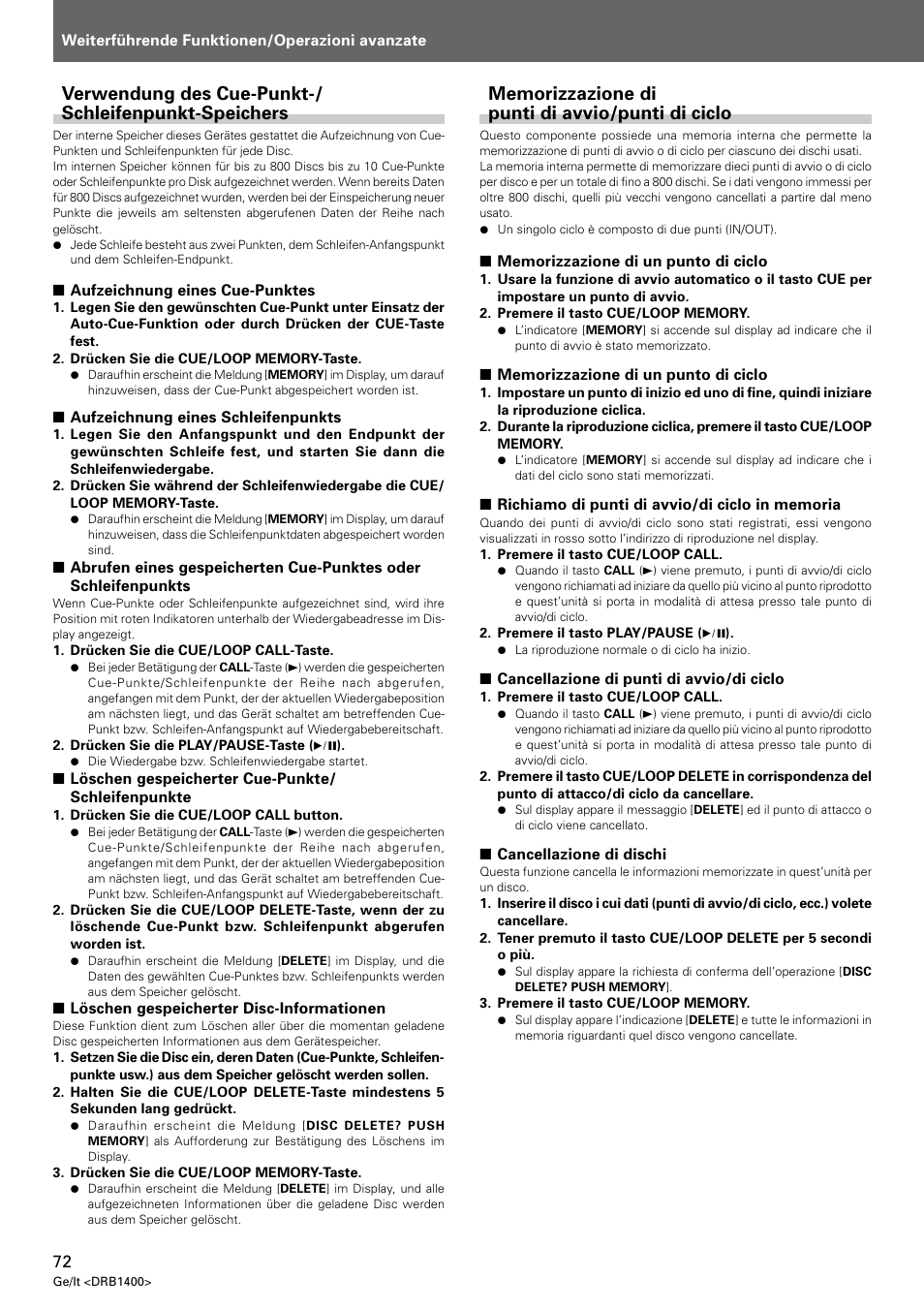 Verwendung des cue-punkt-/schleifenpunkt-speichers, Memorizzazione di punti di avvio/punti di ciclo | Pioneer CDJ-800 MK2 User Manual | Page 72 / 116