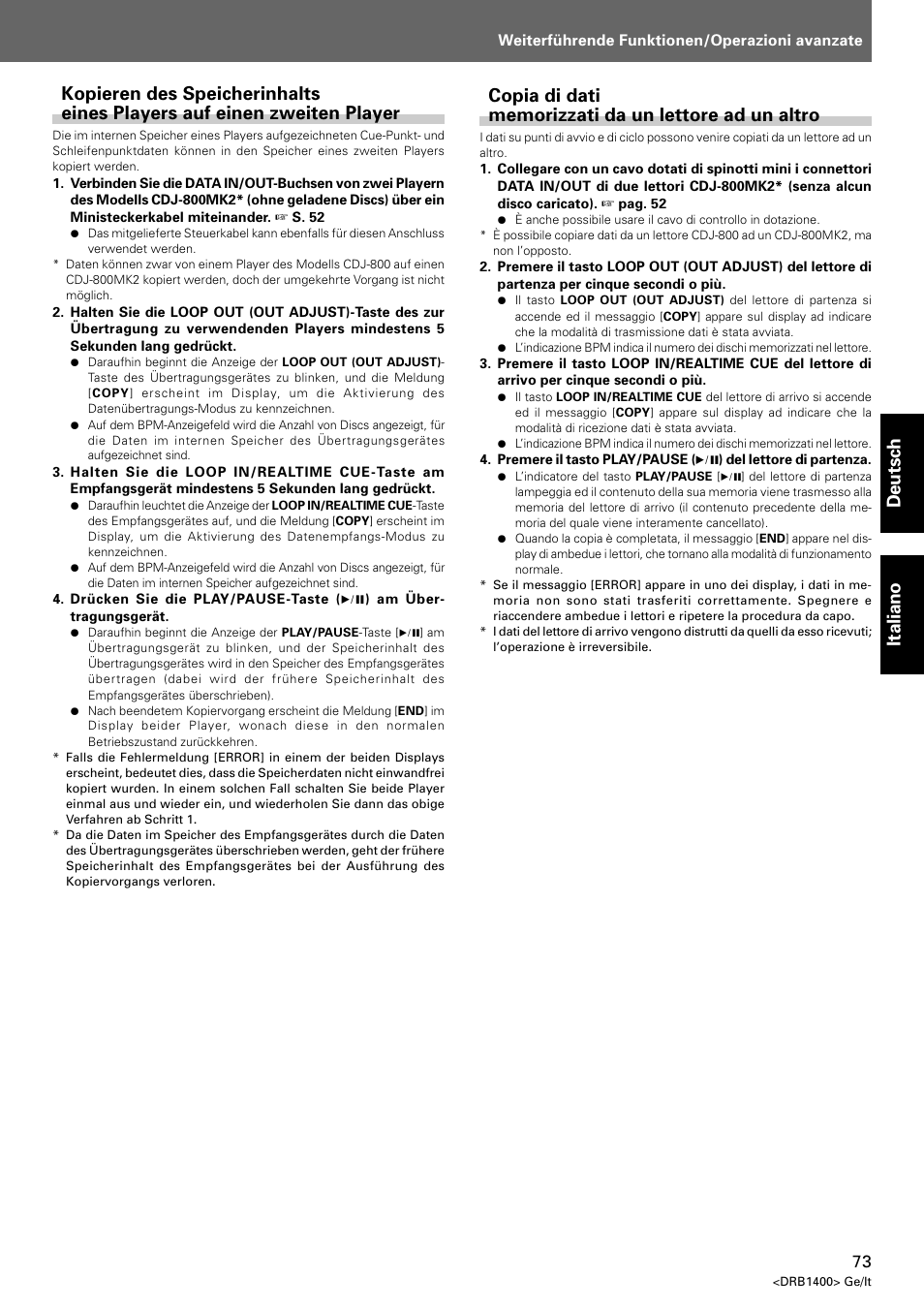 Deutsch italiano | Pioneer CDJ-800 MK2 User Manual | Page 73 / 116