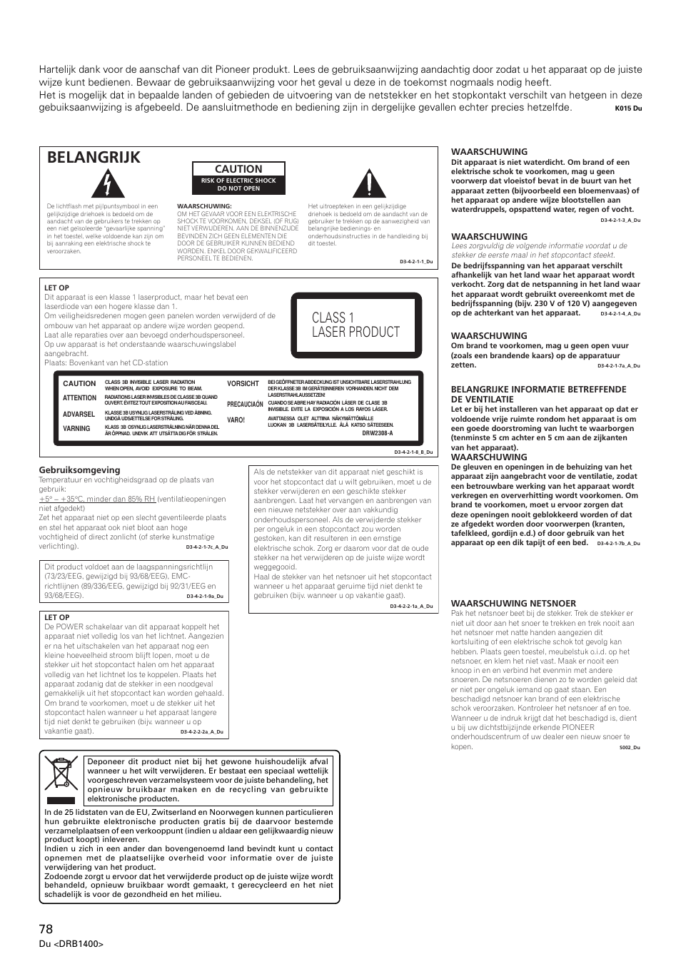 Belangrijk, Class 1 laser product, Caution | Pioneer CDJ-800 MK2 User Manual | Page 78 / 116