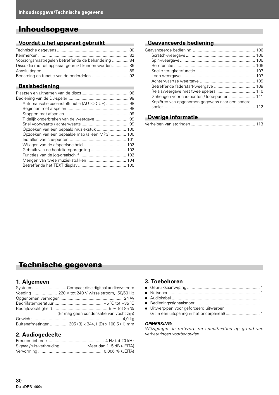 Gebruiksaanwijzing, Technische gegevens, Inhoudsopgave | Pioneer CDJ-800 MK2 User Manual | Page 80 / 116