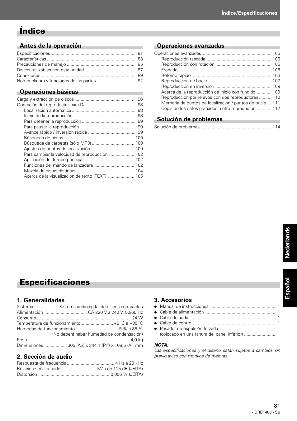 Manual de instrucciones, Especificaciones, Índice | Pioneer CDJ-800 MK2 User Manual | Page 81 / 116
