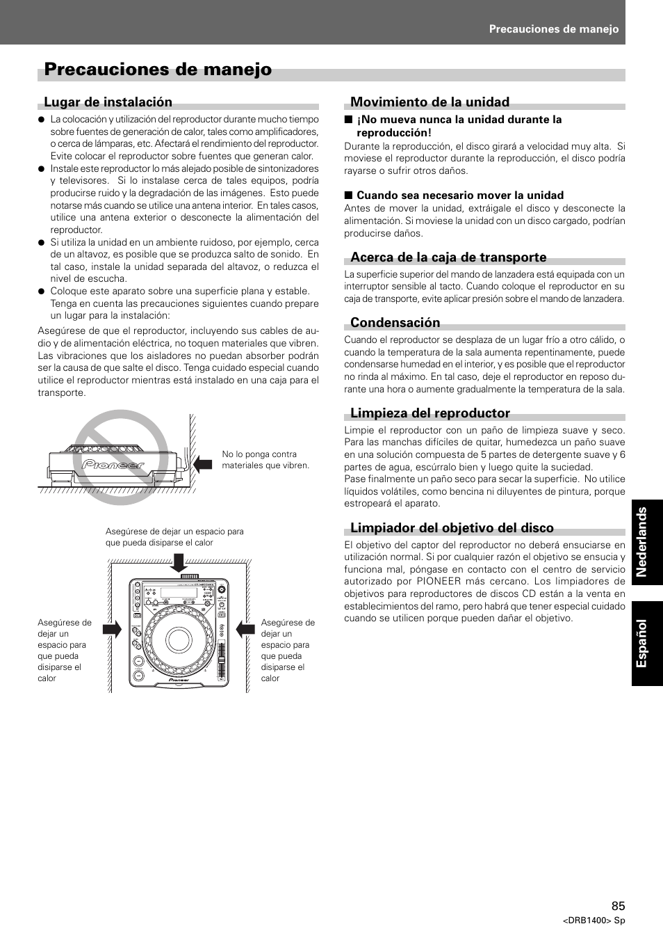 Precauciones de manejo | Pioneer CDJ-800 MK2 User Manual | Page 85 / 116