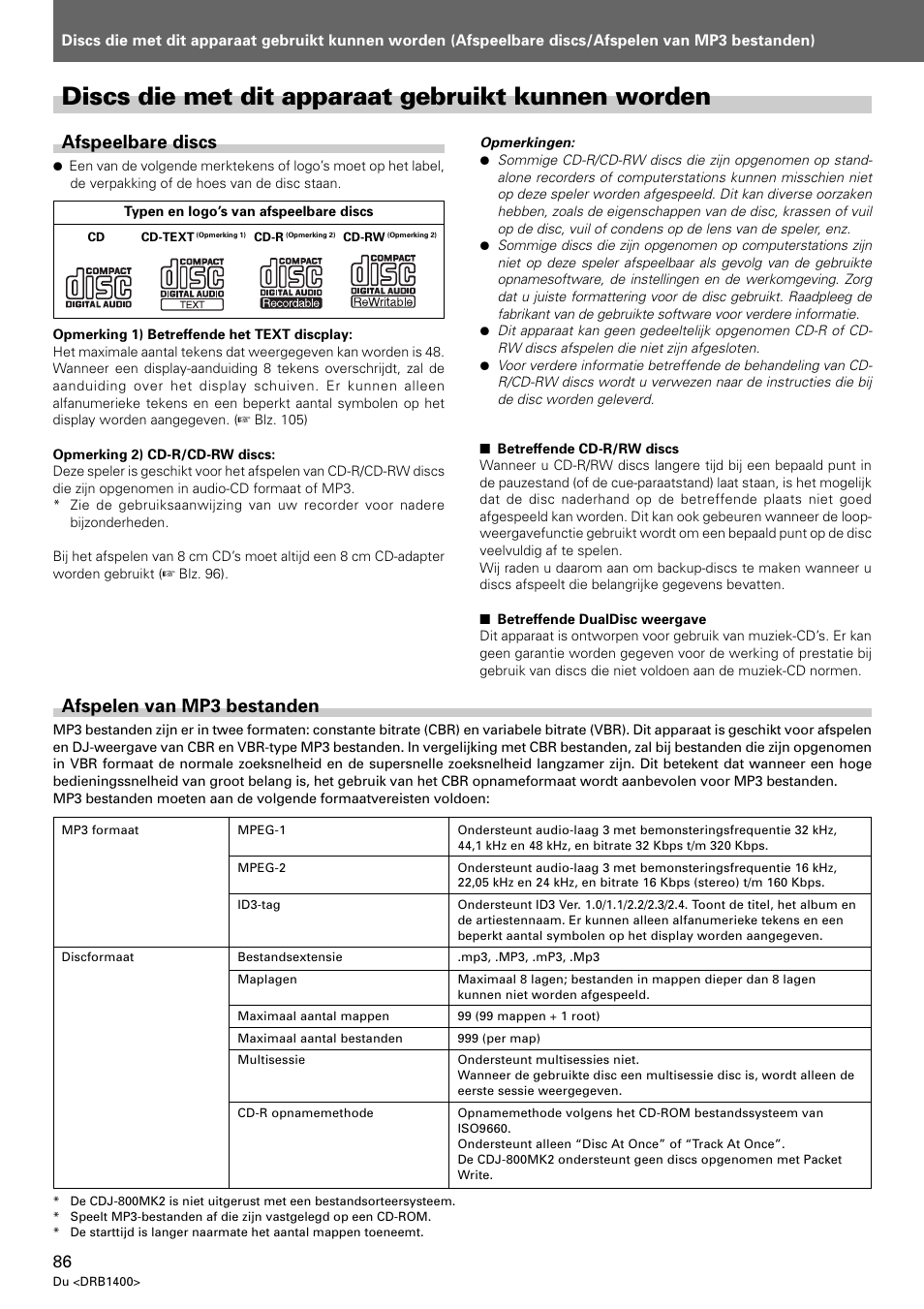 Discs die met dit apparaat gebruikt kunnen worden, Afspeelbare discs, Afspelen van mp3 bestanden | Pioneer CDJ-800 MK2 User Manual | Page 86 / 116