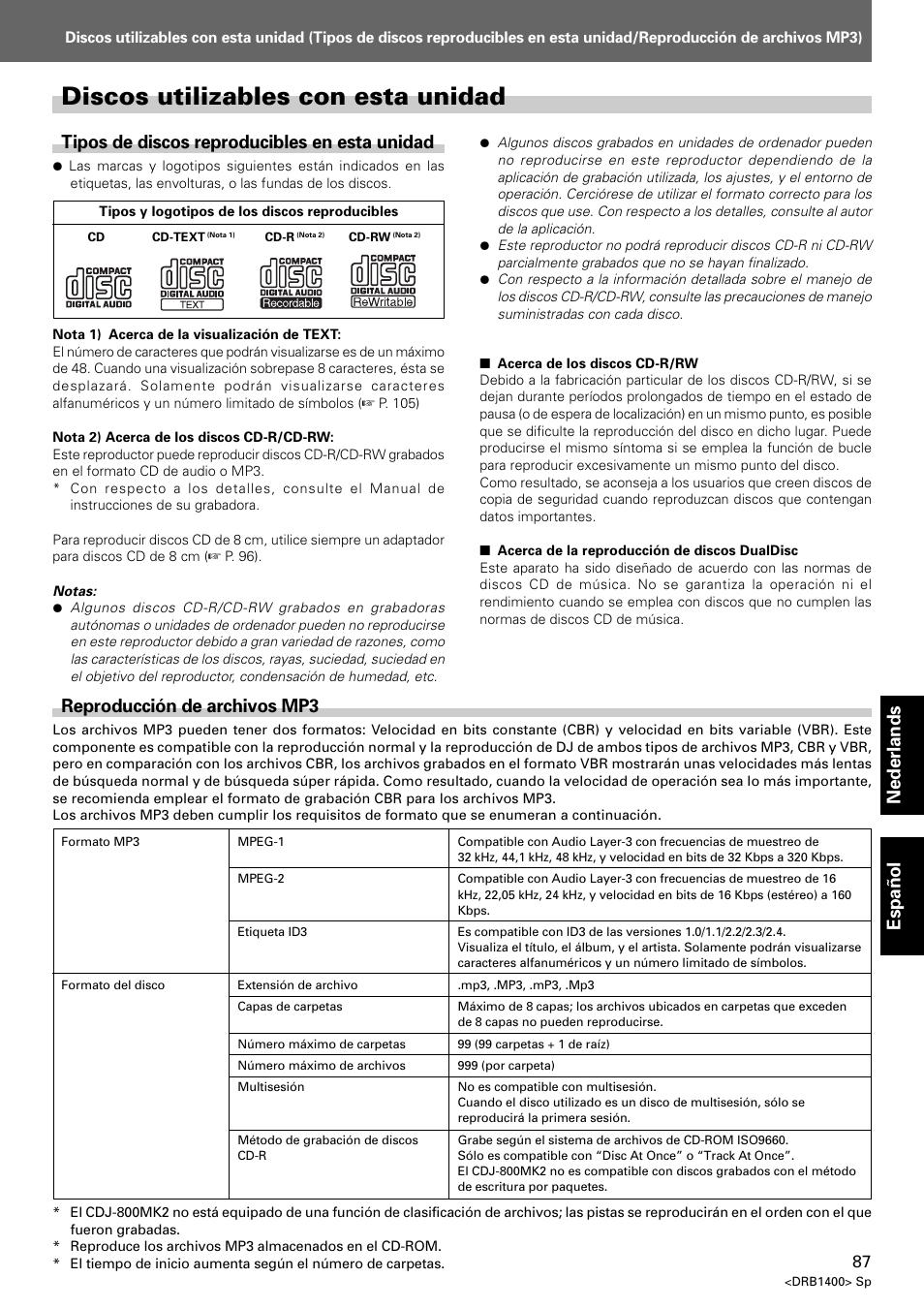 Discos utilizables con esta unidad, Nederlands espa ñ ol, Tipos de discos reproducibles en esta unidad | Reproducción de archivos mp3 | Pioneer CDJ-800 MK2 User Manual | Page 87 / 116
