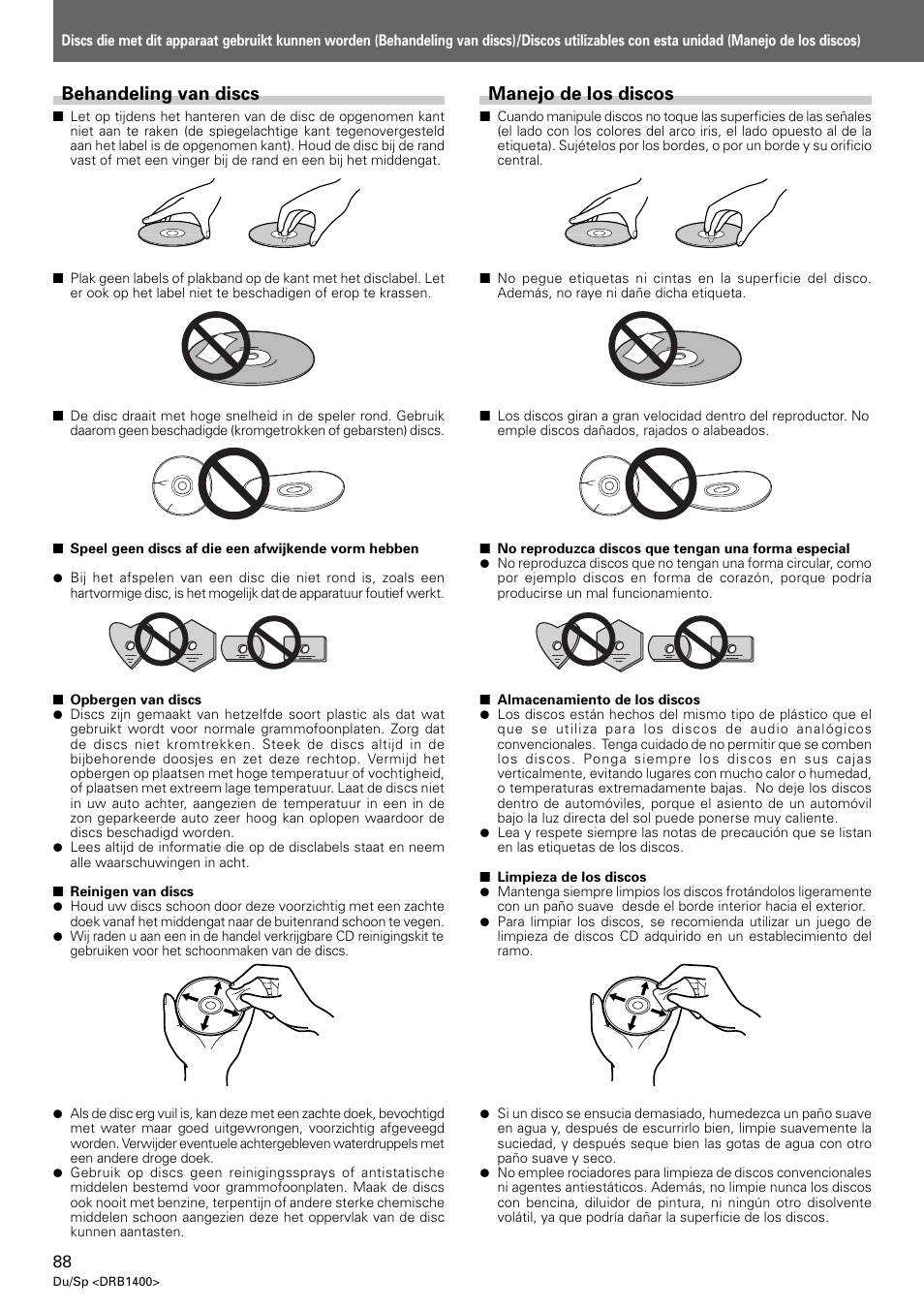 Behandeling van discs, Manejo de los discos | Pioneer CDJ-800 MK2 User Manual | Page 88 / 116