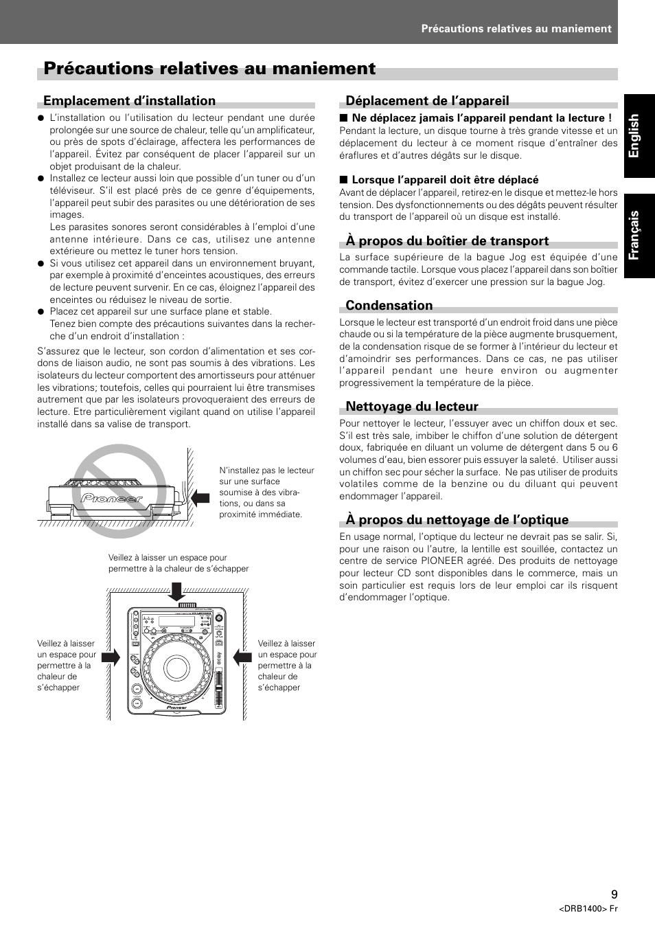 Précautions relatives au maniement | Pioneer CDJ-800 MK2 User Manual | Page 9 / 116