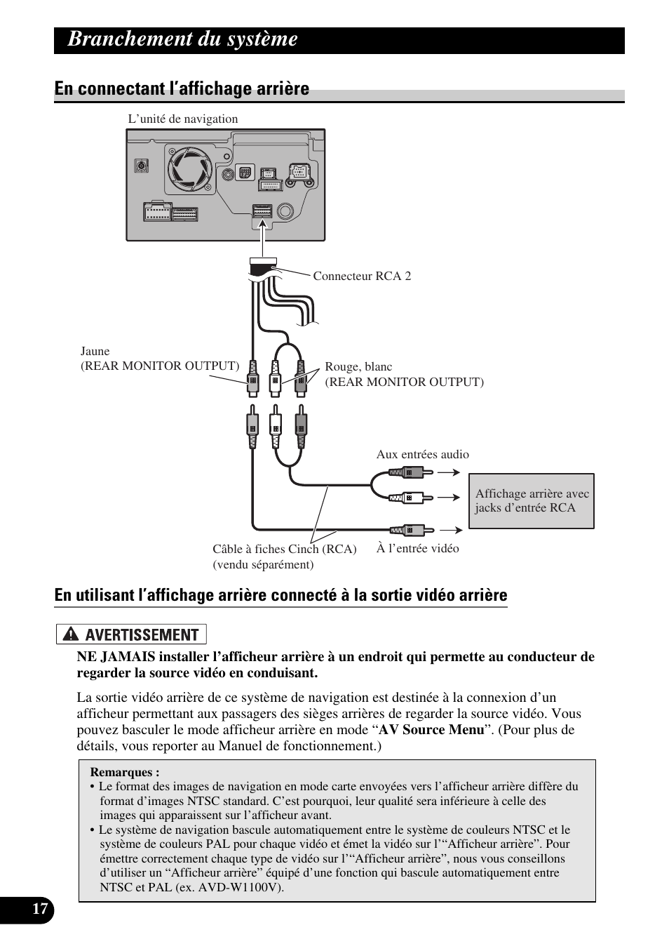 En connectant l’affichage arrière, Branchement du système | Pioneer AVIC-HD1BT User Manual | Page 102 / 170