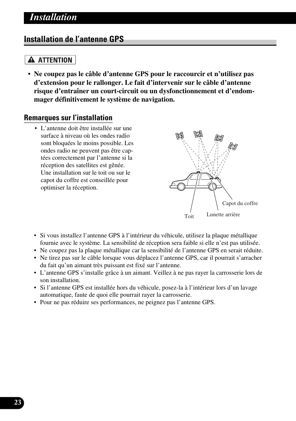 Installation de l’antenne gps, Remarques sur l’installation, Installation | Pioneer AVIC-HD1BT User Manual | Page 108 / 170