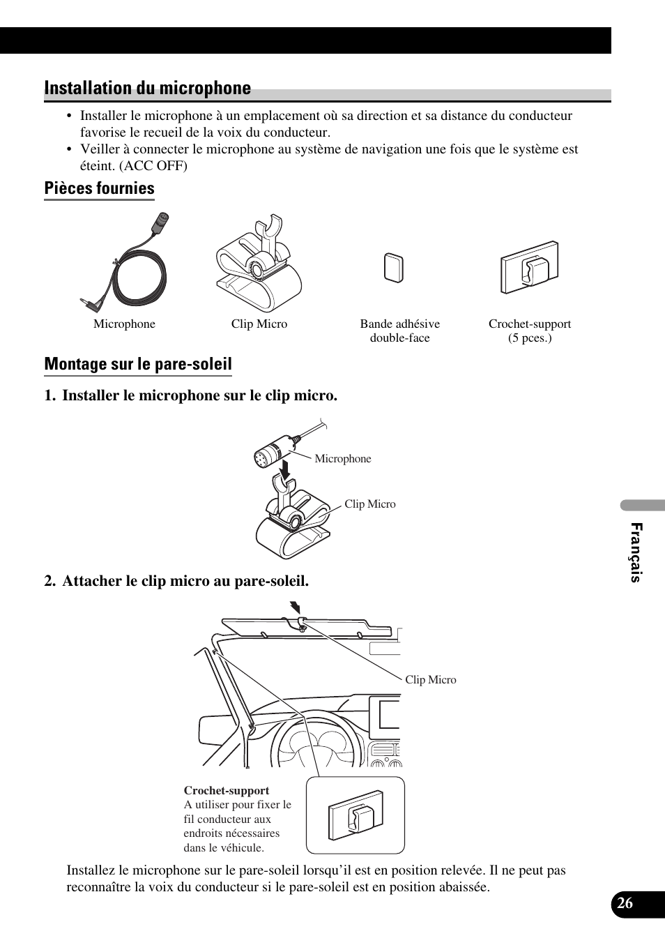 Installation du microphone, Pièces fournies, Montage sur le pare-soleil | Pièces fournies montage sur le pare-soleil | Pioneer AVIC-HD1BT User Manual | Page 111 / 170