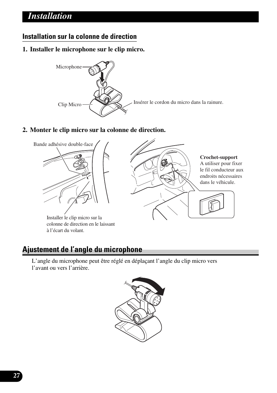 Installation sur la colonne de direction, Ajustement de l’angle du microphone, Installation | Pioneer AVIC-HD1BT User Manual | Page 112 / 170
