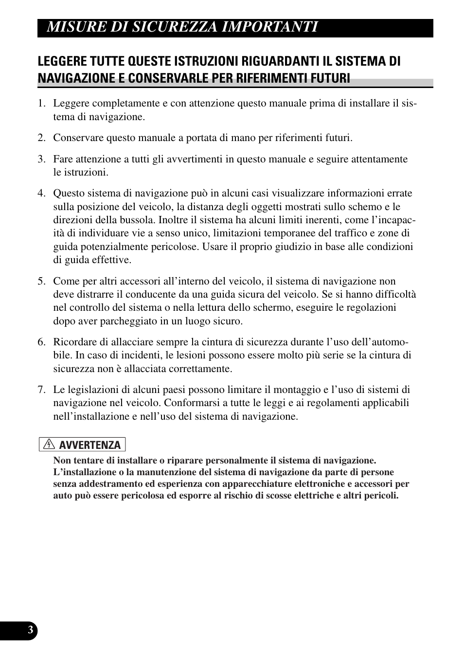 Misure di sicurezza importanti, Leggere tutte queste istruzioni | Pioneer AVIC-HD1BT User Manual | Page 116 / 170