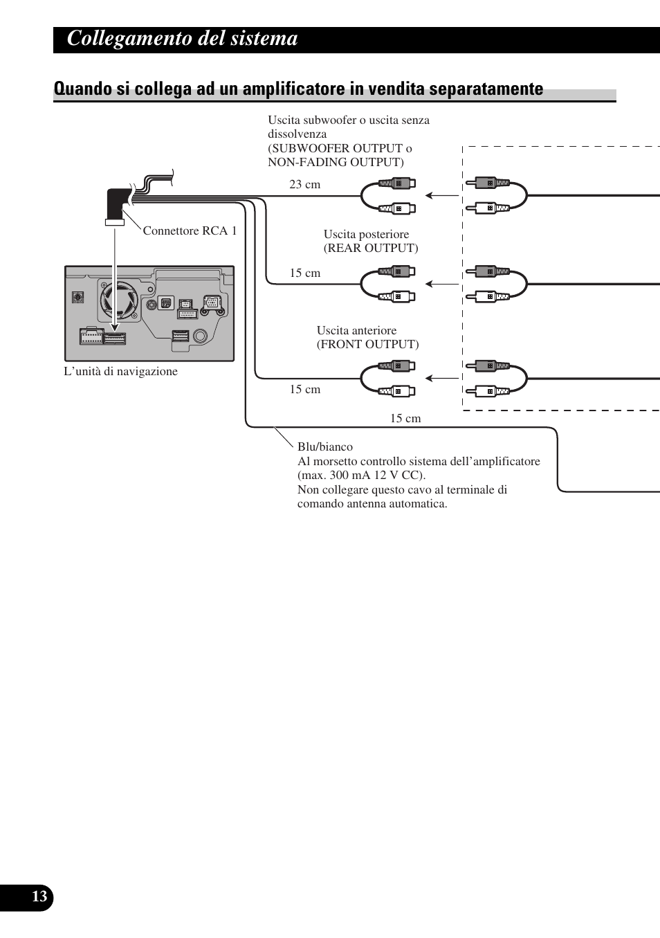 Quando si collega ad un amplificatore in, Vendita separatamente, Collegamento del sistema | Pioneer AVIC-HD1BT User Manual | Page 126 / 170