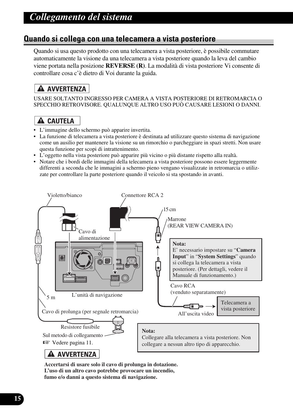 Quando si collega con una telecamera a, Vista posteriore, Collegamento del sistema | Pioneer AVIC-HD1BT User Manual | Page 128 / 170