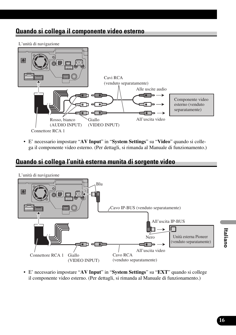 Quando si collega il componente video, Esterno, Quando si collega l’unità esterna munita di | Sorgente video, Quando si collega il componente video esterno | Pioneer AVIC-HD1BT User Manual | Page 129 / 170