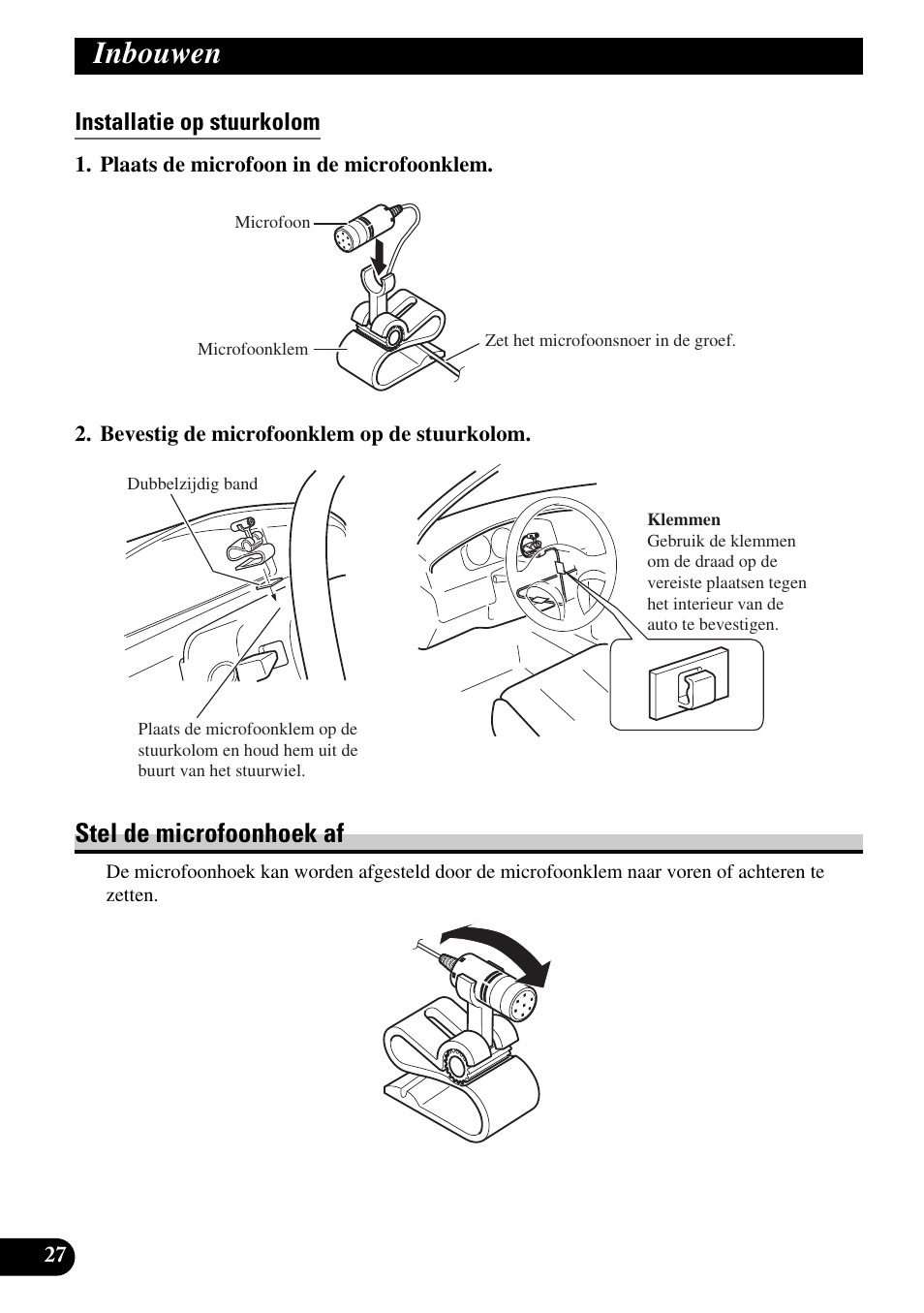 Installatie op stuurkolom, Stel de microfoonhoek af, Inbouwen | Pioneer AVIC-HD1BT User Manual | Page 168 / 170