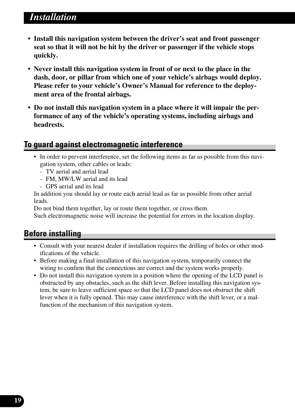 To guard against electromagnetic, Interference, Before installing | Installation | Pioneer AVIC-HD1BT User Manual | Page 20 / 170