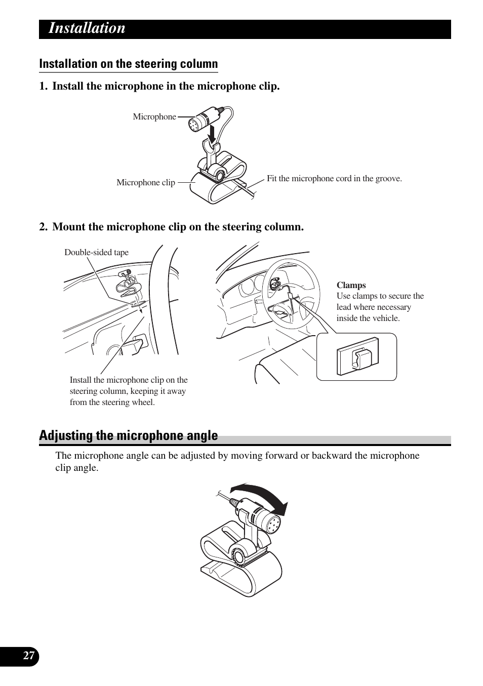 Installation on the steering column, Adjusting the microphone angle, Installation | Pioneer AVIC-HD1BT User Manual | Page 28 / 170