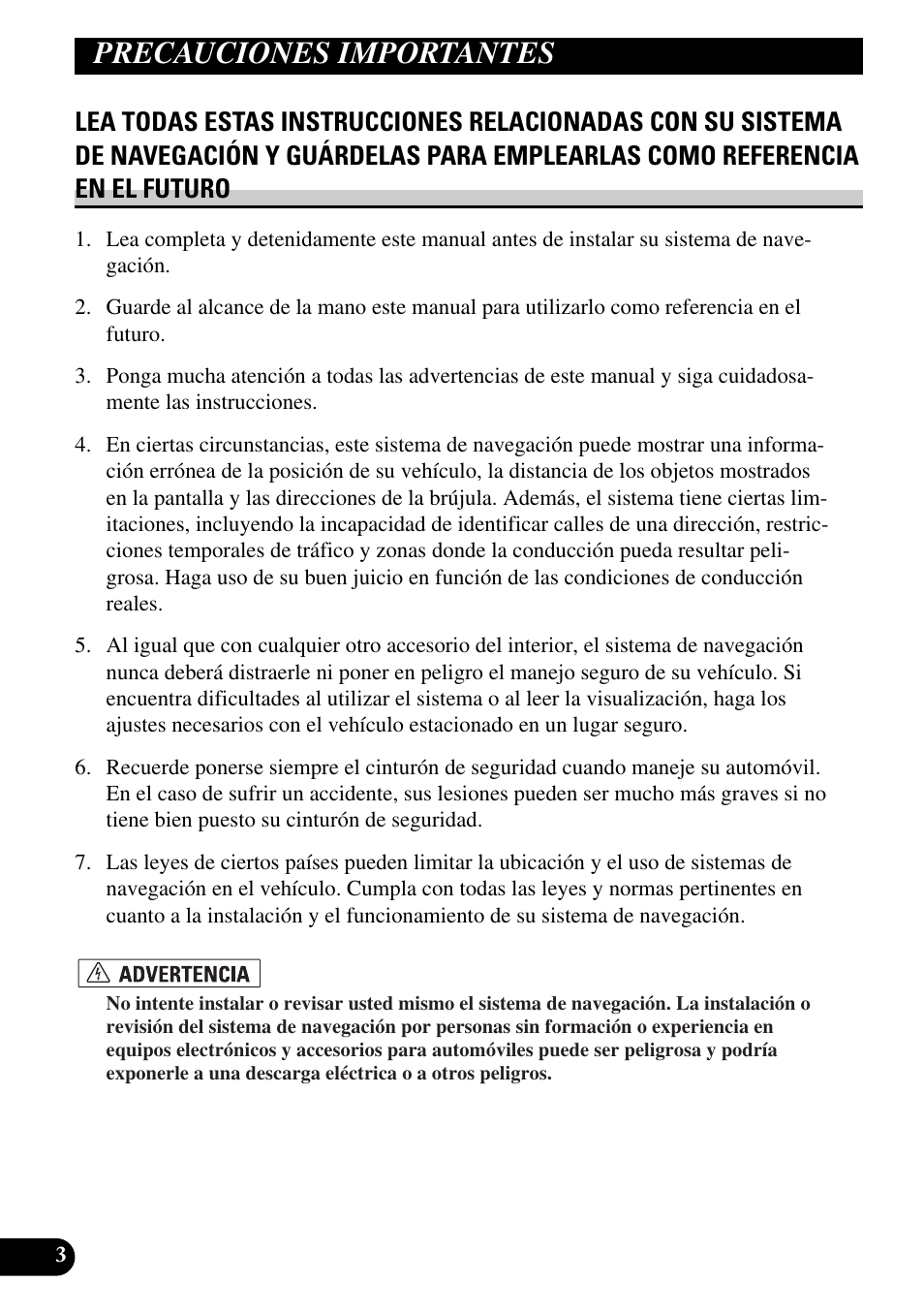Precauciones importantes, Lea todas estas instrucciones | Pioneer AVIC-HD1BT User Manual | Page 32 / 170