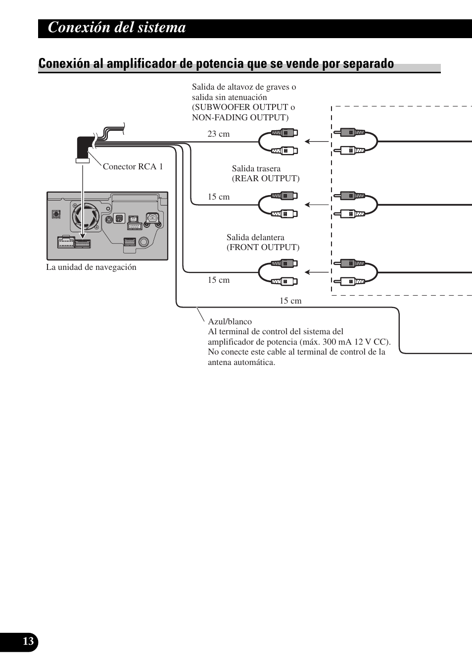 Conexión al amplificador de potencia que se, Vende por separado, Conexión del sistema | Pioneer AVIC-HD1BT User Manual | Page 42 / 170