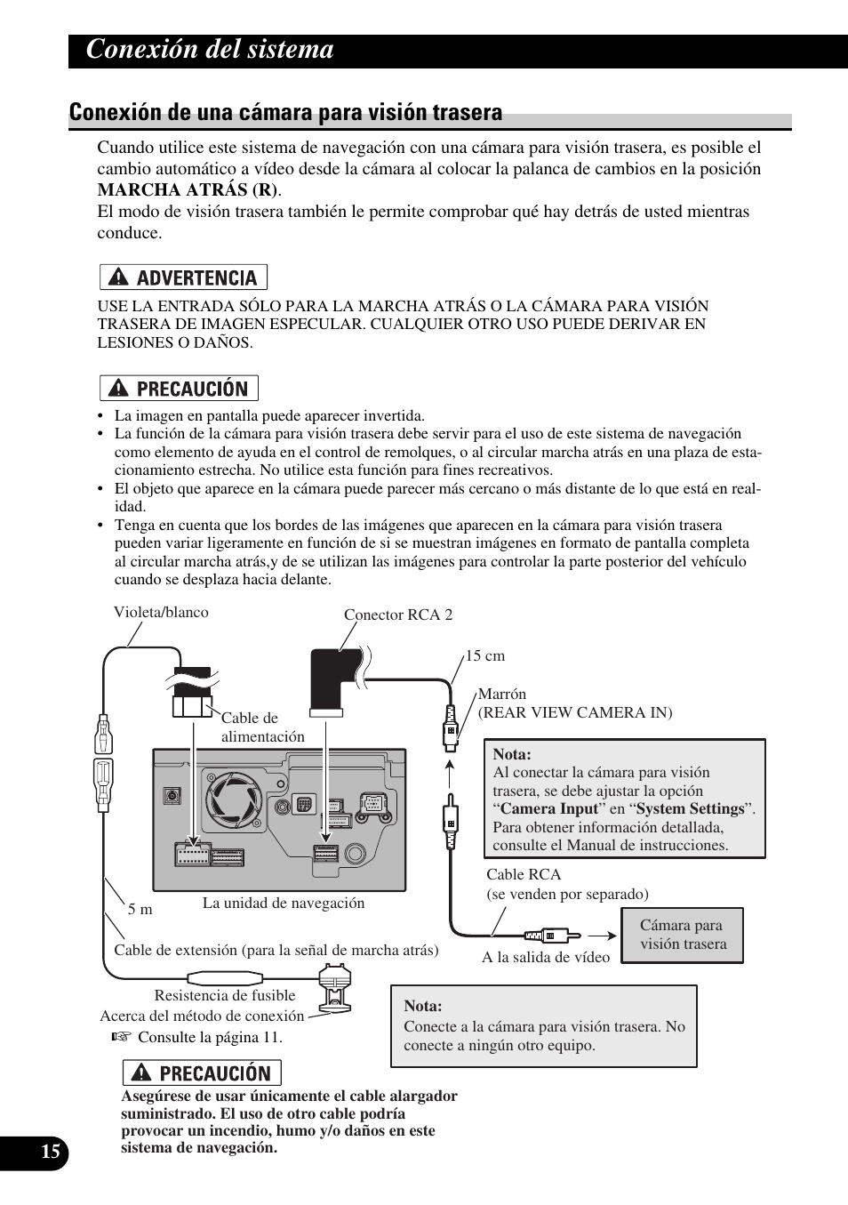 Conexión de una cámara para visión trasera, Conexión del sistema | Pioneer AVIC-HD1BT User Manual | Page 44 / 170