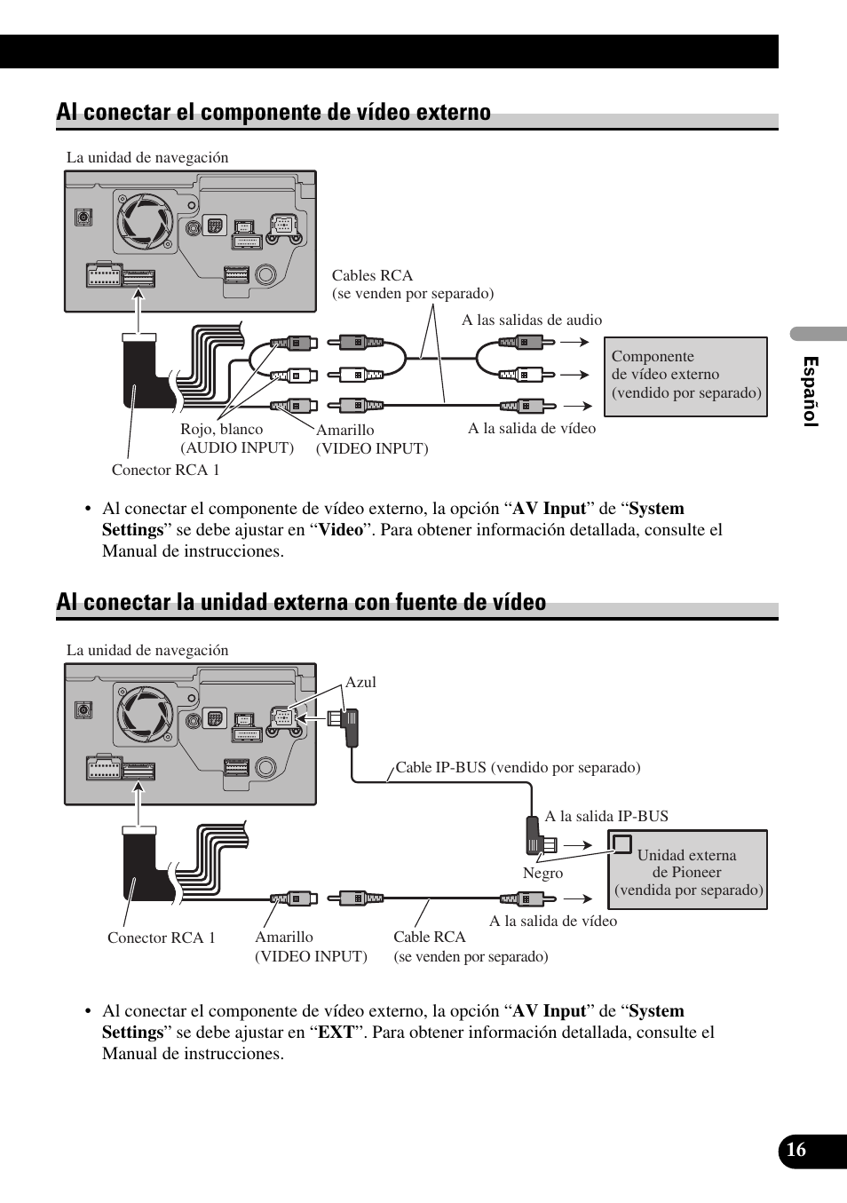 Al conectar el componente de vídeo externo, Al conectar la unidad externa con fuente de vídeo | Pioneer AVIC-HD1BT User Manual | Page 45 / 170