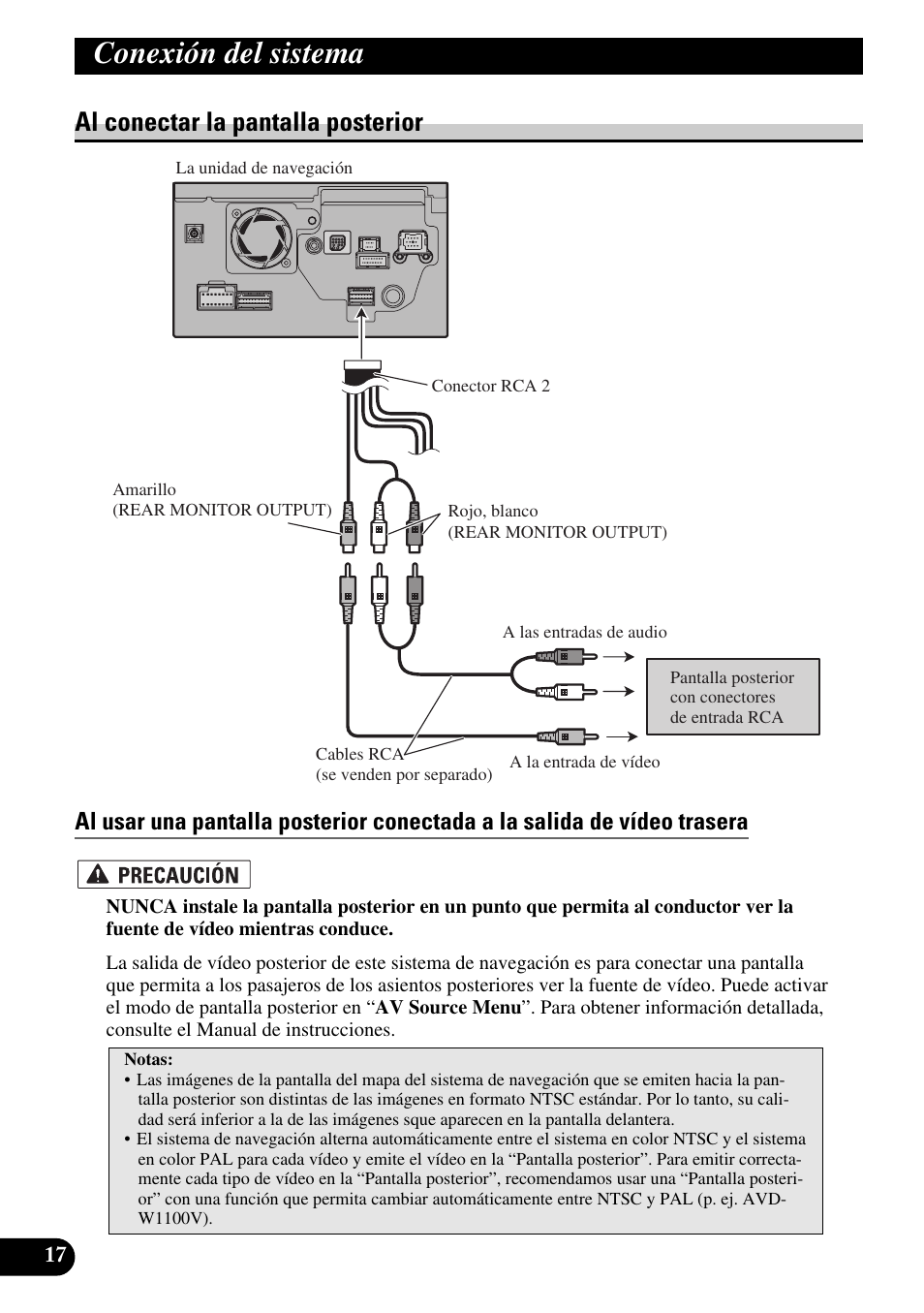 Al conectar la pantalla posterior, Conexión del sistema | Pioneer AVIC-HD1BT User Manual | Page 46 / 170