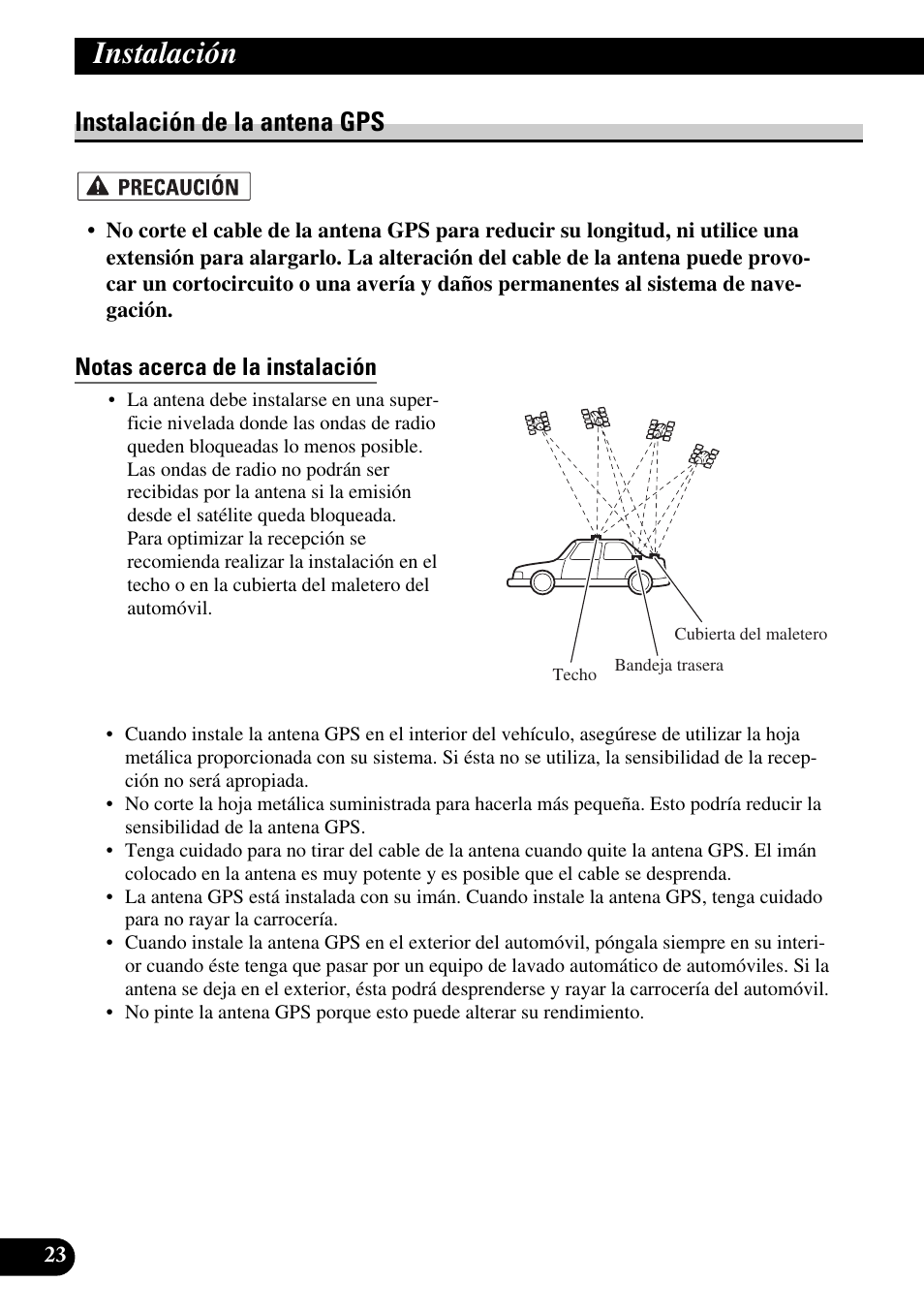 Instalación de la antena gps, Notas acerca de la instalación, Instalación | Pioneer AVIC-HD1BT User Manual | Page 52 / 170